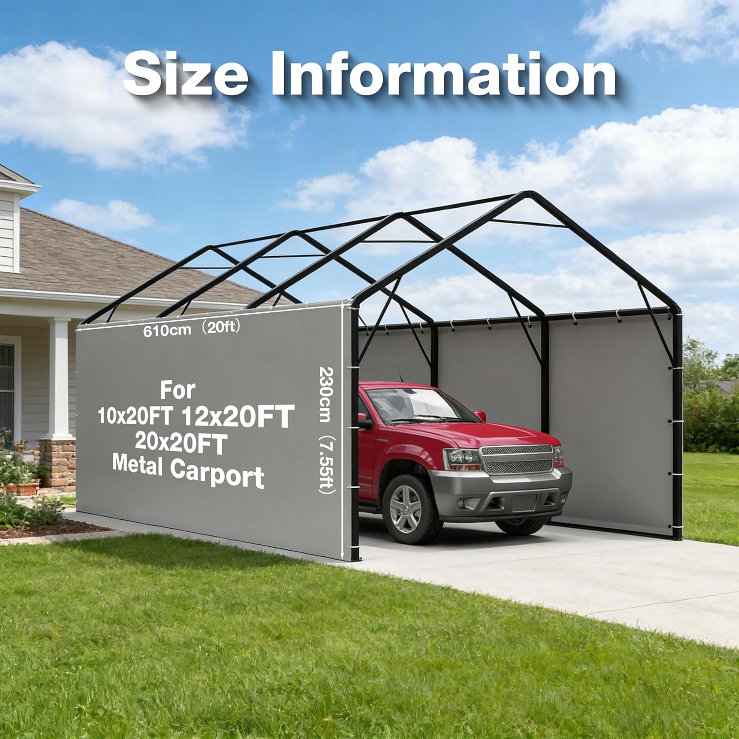 Metal Carport Sidewalls for 20ft Heavy Duty PE Tarp Enclosure Panels for 12x20ft, 20x20ft, 20x25ft Carport Garage, Waterproof Windproof Weather Strip, Frame Not Included (Gray,2 Packs