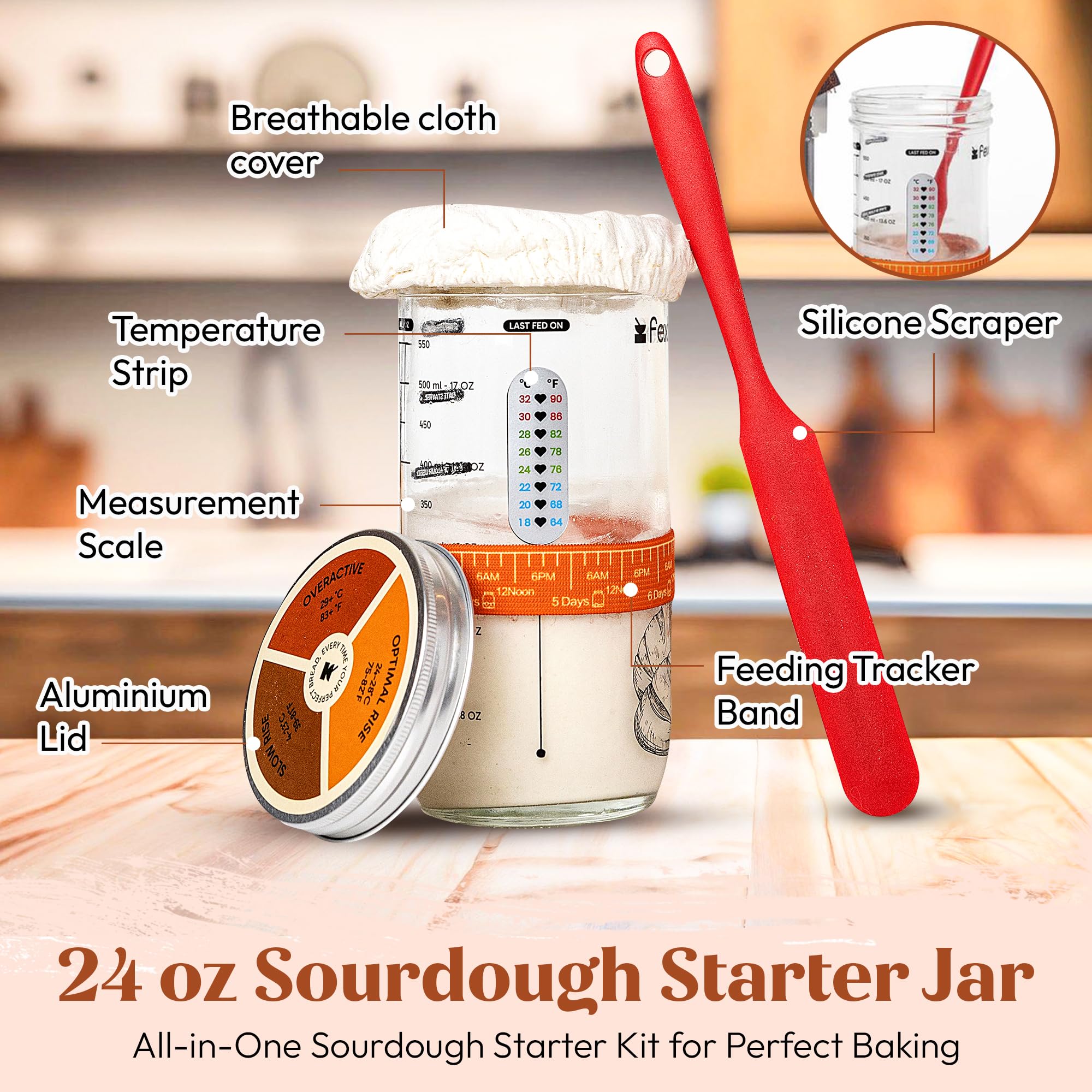 Sauerteig-Starter-Set mit 22,9 cm und 25,4 cm authentischen indonesischen Banneton-Gärkörben, 680 ml Glas und Rezeptbuch, komplettes Brotbackzubehör, Set