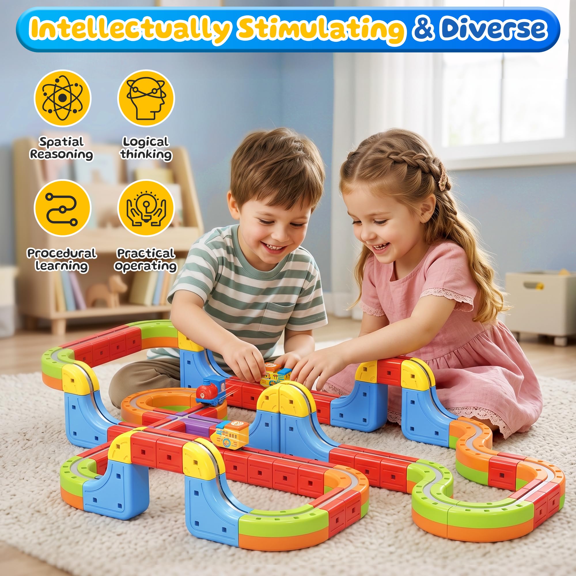 Juego de tren eléctrico para niños, 141 piezas (92 pistas + 2 coches), juego de tren magnético para niños pequeños, juguetes STEM, regalos de cumpleaños para niños de 3 a 12 años, kits de pista