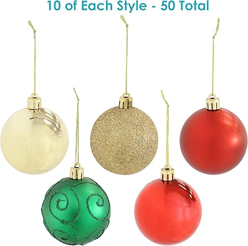 Miniatura 5 de Sunnydaze Holly Jolly - Juego de adornos de bolas de Navidad inastillables con ganchos de 50 unidades