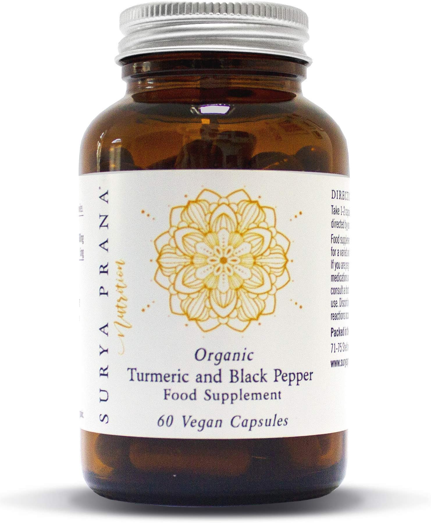 Surya Prana Nutrition Organic Turmeric and Black Pepper with Turmeric Extract Capsules | Vegan | Soil Association UK Certified | 60 Capsules
