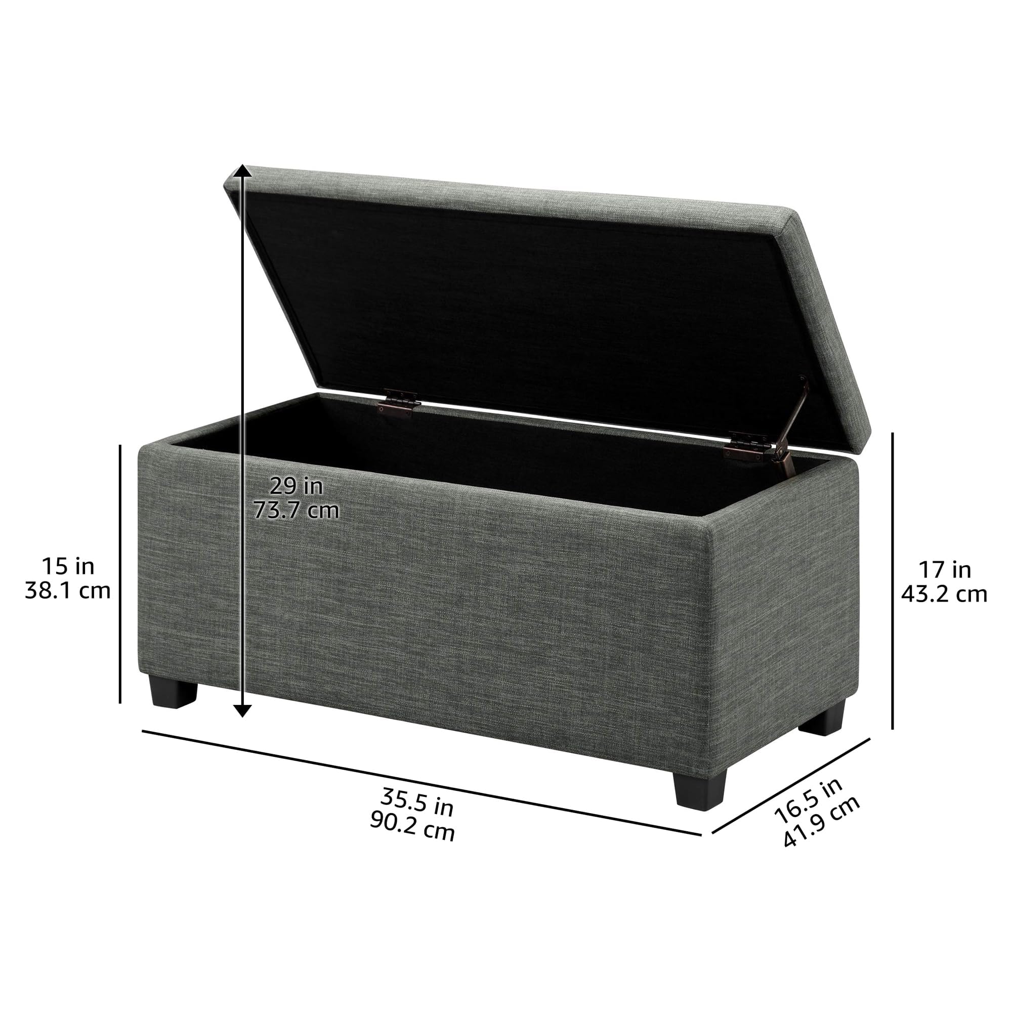 Amazon Basics Bank für den Eingangsbereich, rechteckig, gepolstert, mit Stauraum, Schlafzimmer, Flur, Polsterhocker, Leinenoptik, Dunkelgrau, 42 x 91 x 43 cm