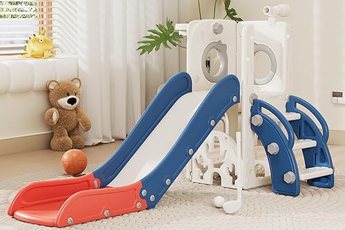 Miniatura 8 de 67i Tobogán de interior para niños pequeños de 1 a 3 años de edad, tobogán para interiores, tobogán de plástico con aro de baloncesto y pelota,