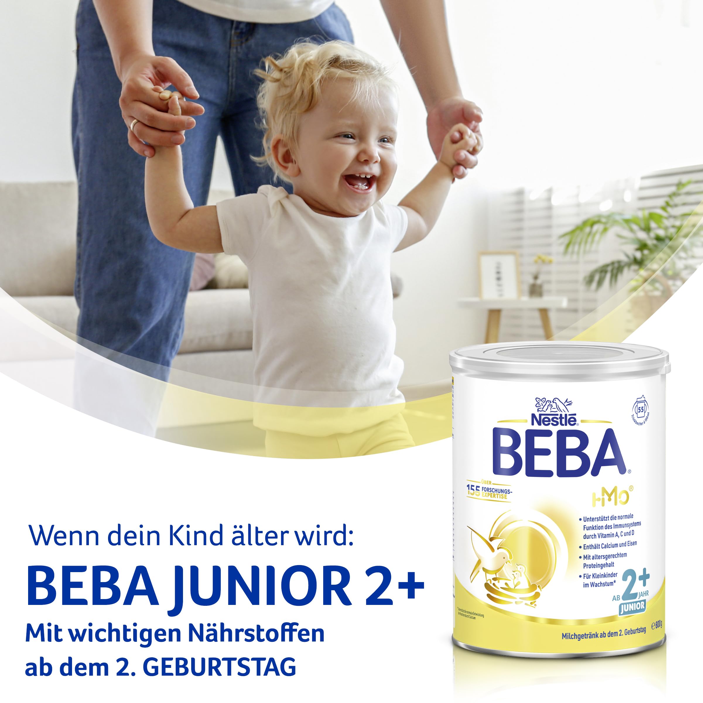 BEBA Junior 1+ Milchgetränk ab dem 1. Geburtstag, Mit HMO, Altersgerecht angepasster Proteingehalt, Nur Laktose, Ohne Palmöl, Ohne Fischöl, Kleinkindnahrung, Baby-Milchpulver, 6er Pack (6 x 800g)