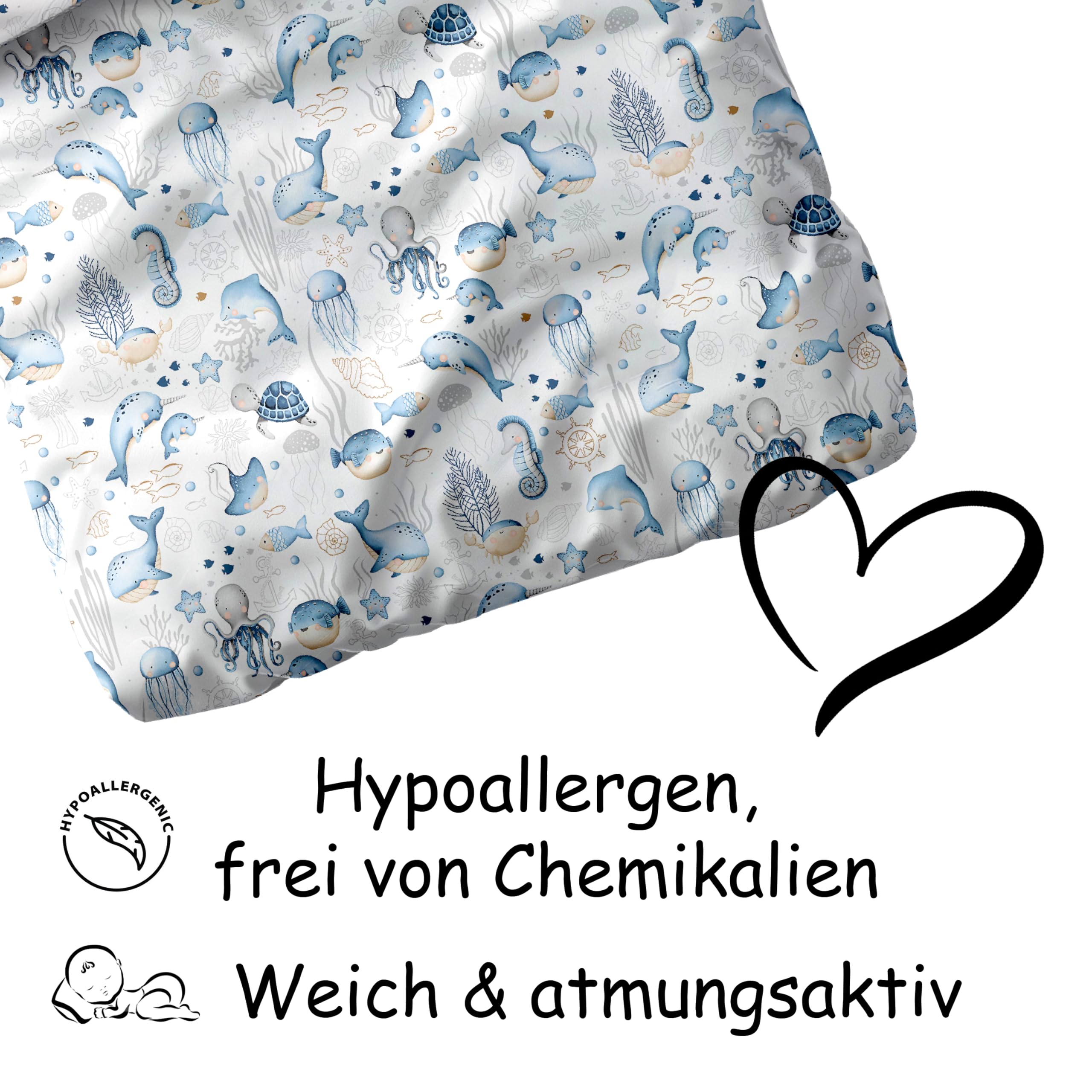 PinkZebra Biancheria per lettino: copripiumino 100 x 135 cm + federa 40 x 60 cm per ragazze e ragazzi, in 100% cotone, made in EU, animali marini