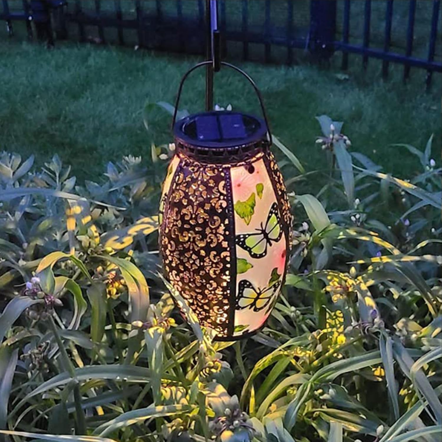 16" H Butterfly + 16" H Hummingbird Solar Lanterns Glass & Metal Hanging Lantern Outdoor Waterproof Tabletop Light with Hollowed-Out Design for Garden Patio Table Decor Christmas Gifts