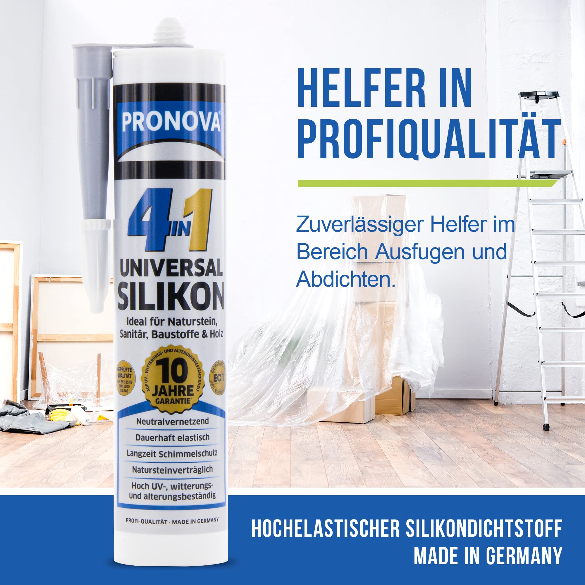 Set aus 6x Pronova 4 in 1 Silikon in Manhatten, Universal Silikon ideal für Sanitär, Naturstein & Holz für außen und innen