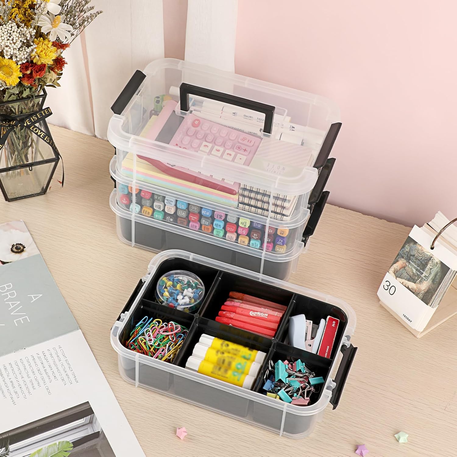 BTSKY 4-Layer Plastic Craft Storage Container with 2 Removable Tray, Stackable Art & Craft Supply Storage Organizer Multipurpose Portable Sewing Box for Bead Tool Office Supplies-10.2"x7.1"x9.9",Black image 3 of 8 B0DQTFT1N1