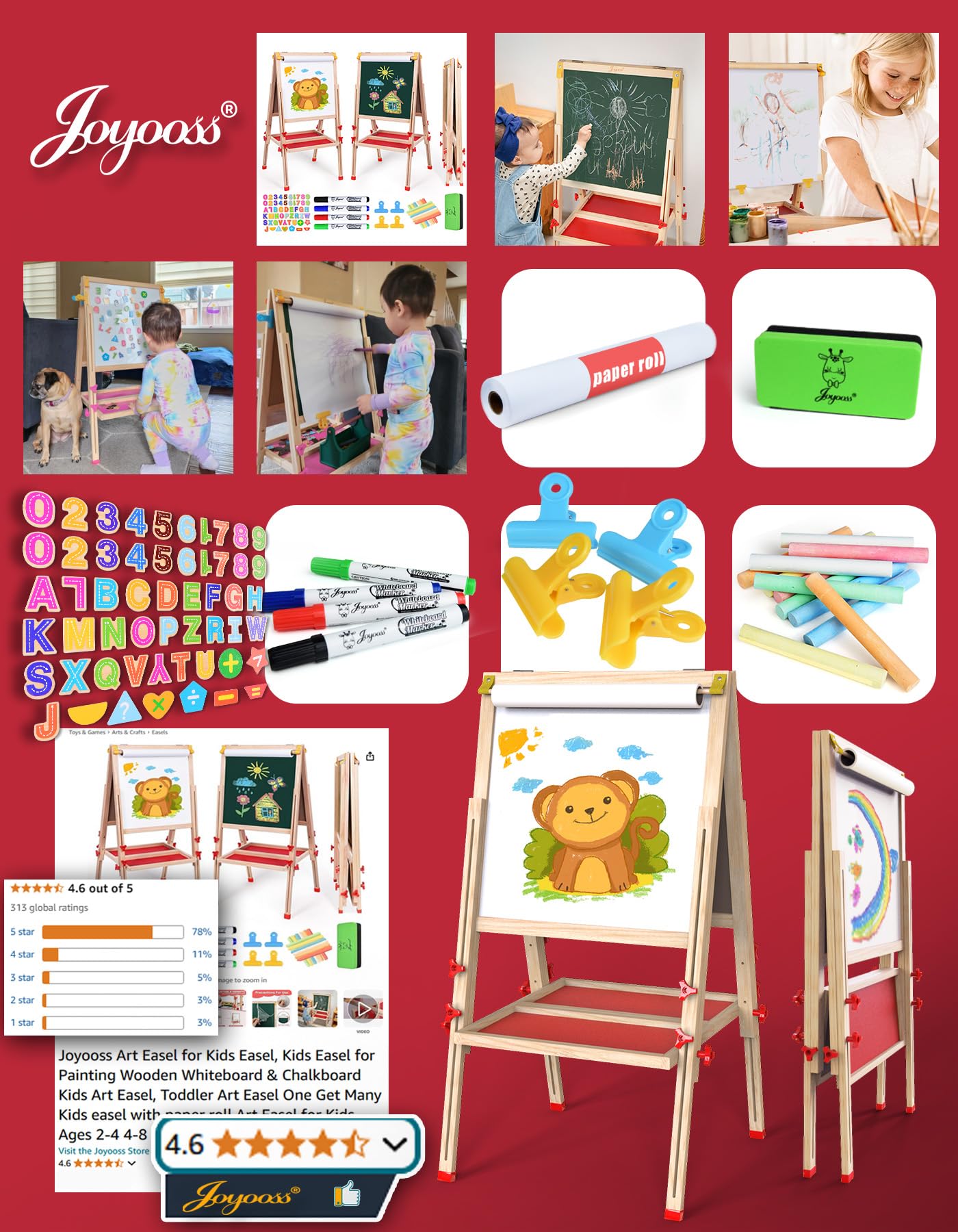 Caballete de arte para niños, caballete plegable para pintar pizarra blanca de doble cara y pizarra, tablero de dibujo de pie con rollo de papel, caballete para niños de 2 a 4 años, 4 a 8, 8 a 7