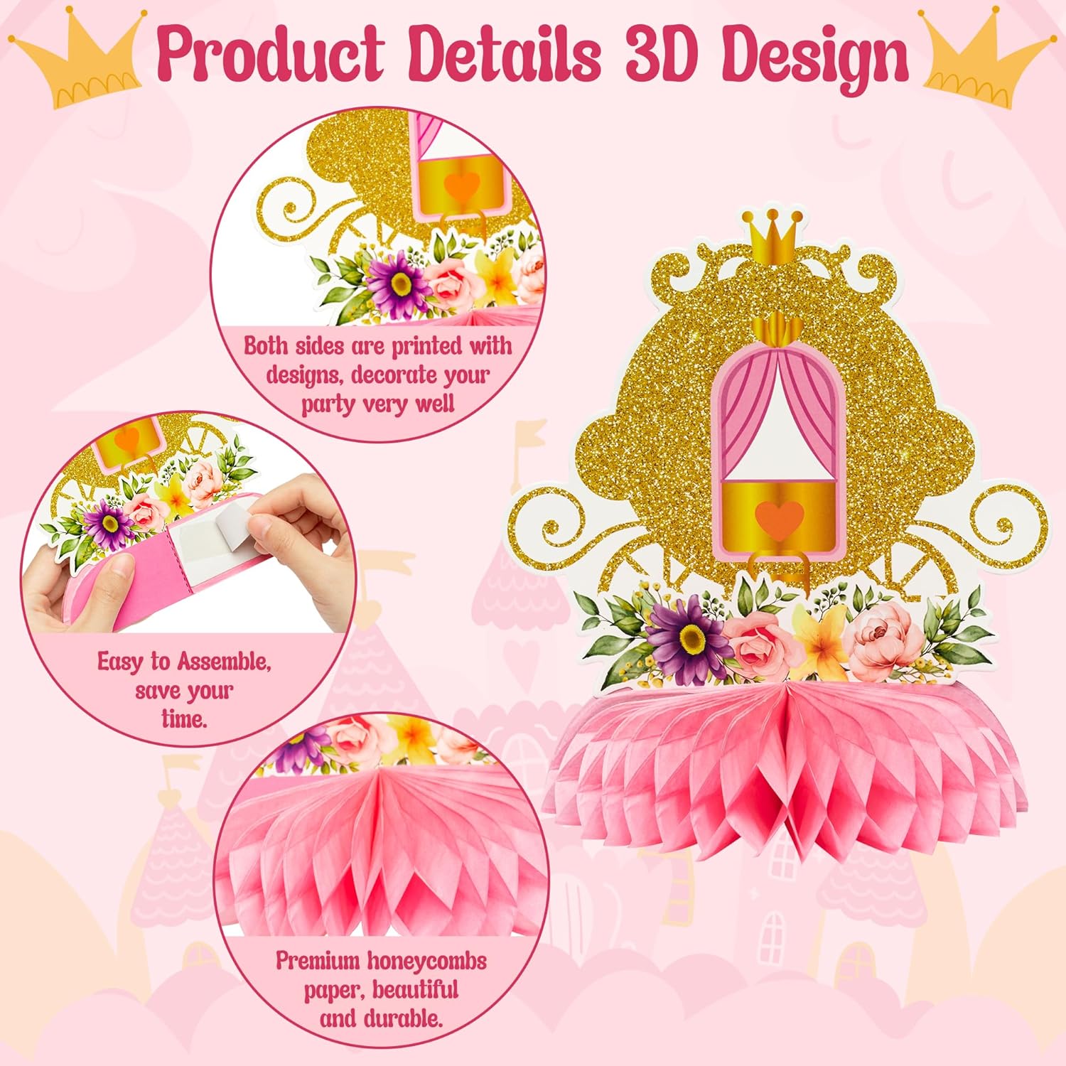 12Pcs Watercolor Floral Princess Party Honeycomb Centerpieces Decorations - Pink and Gold Baby Shower Decor, Birthday Party Table Topper Centerpieces for Girls