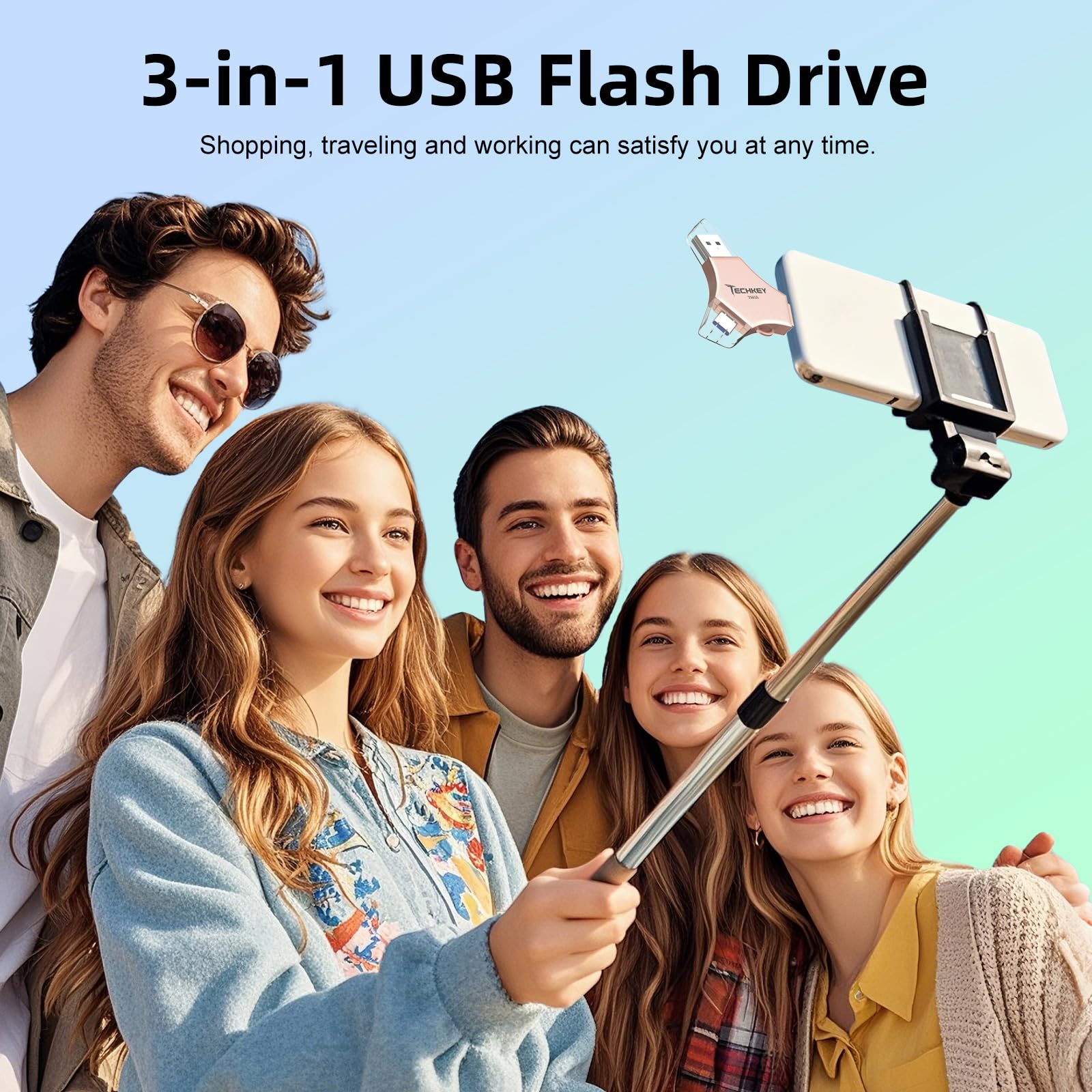 Chiavetta USB 3.0 certificata MFi da 256 GB per iPhone, memoria esterna 3 in 1 per foto, video, salvataggio dati, backup, ad alta velocità, per iPad/Android/PC (rosa)