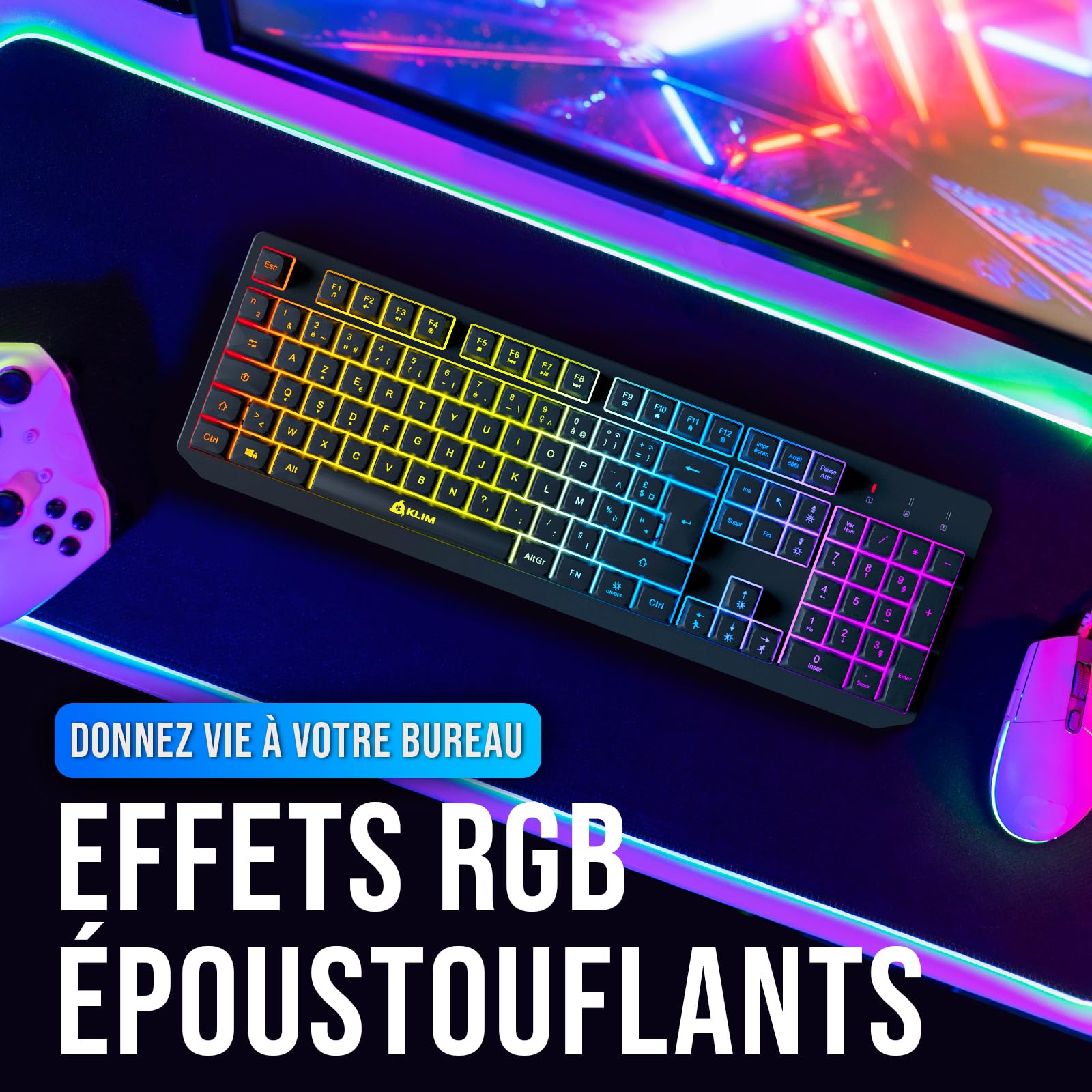 KLIM Chroma – Clavier sans Fil Gaming AZERTY FR, Rétroéclairage RGB, Silencieux & Ergonomique, Batterie Intégrée Longue Durée, Résistant aux Éclaboussures – USB 2,4 GHz pour PC/Mac/PS4/PS5 – Noir