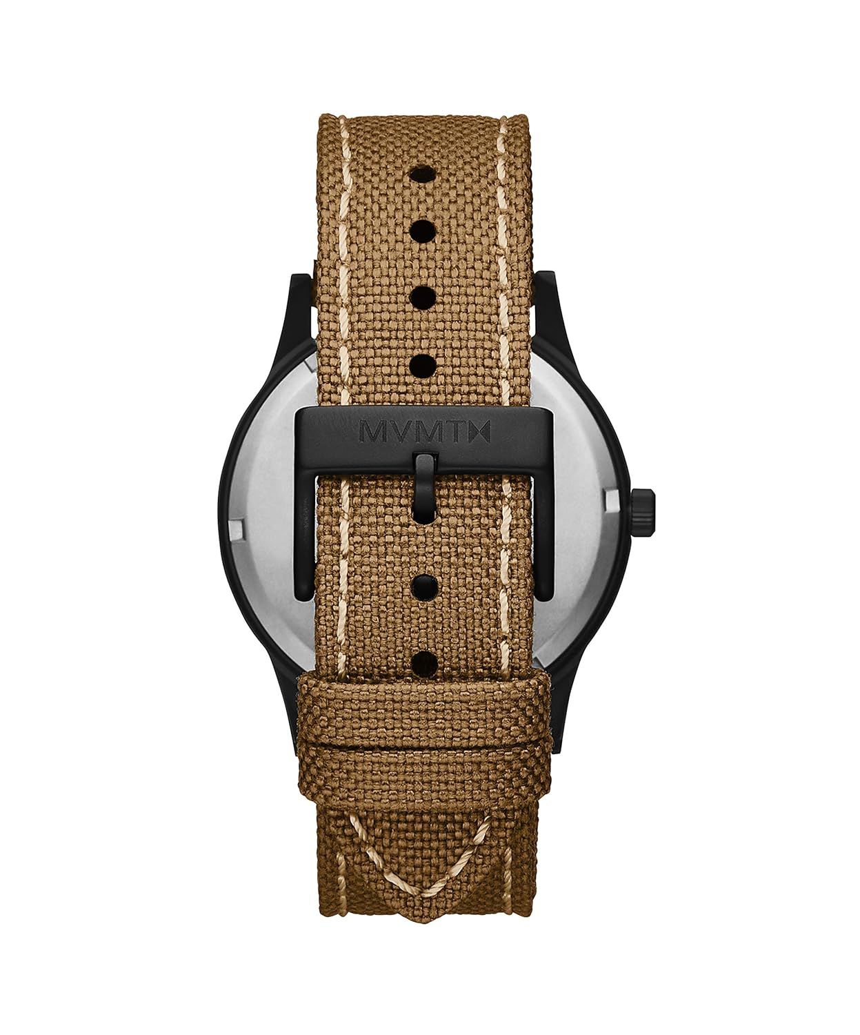 ආපසු view of the MVMT Field Qtz watch, showing the case back and the khaki canvas strap with buckle.