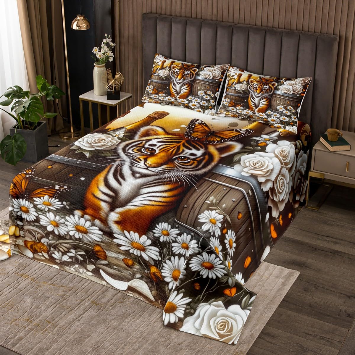 Erosebridal Cute Tiger Bedspread Set Queen,Wildlife Animal Quilt Set for Kids Boys Girls,Roses Wooden Barrel Coverlet Set Rustic Flowers Bedding Set 2 Pillow Cases