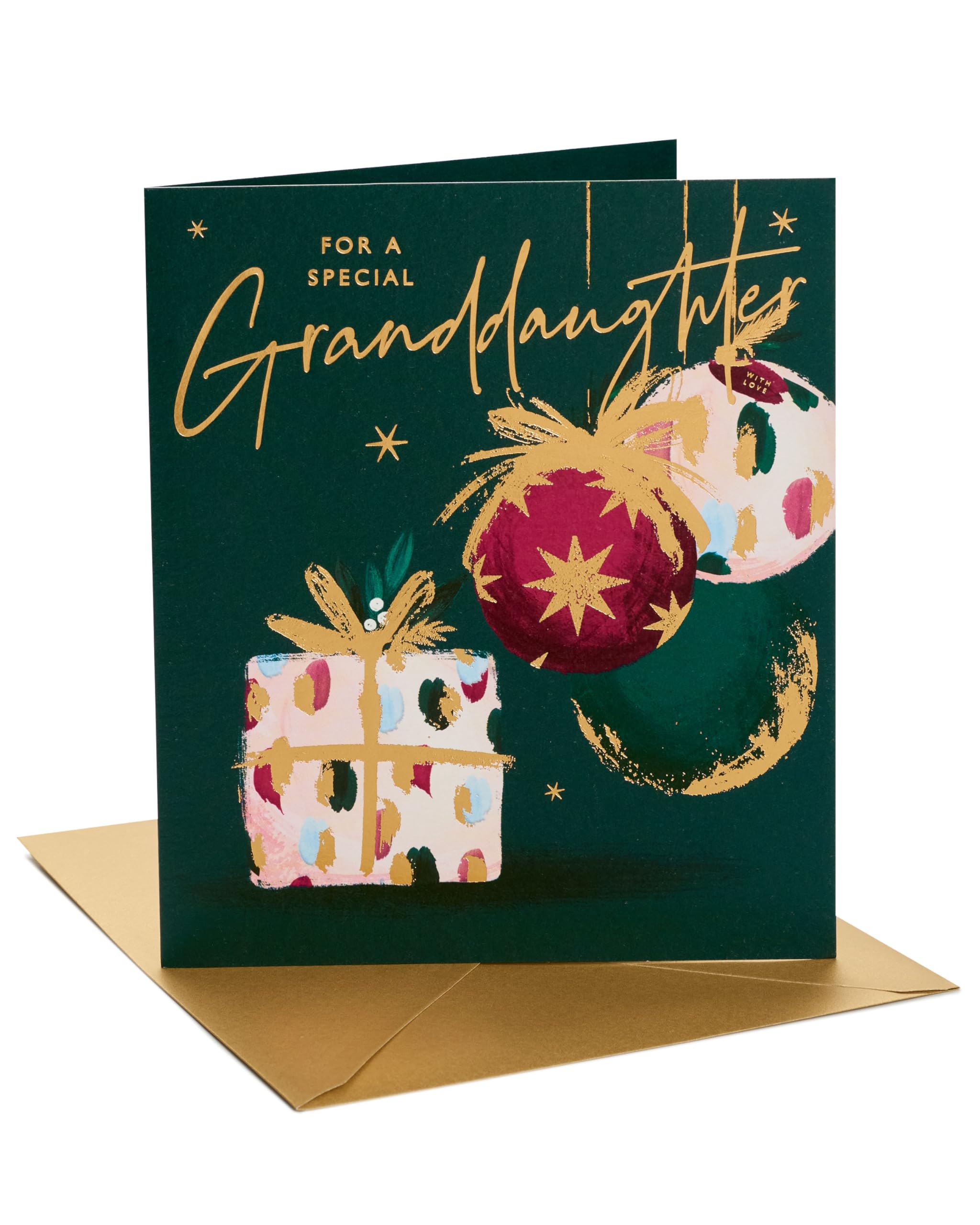UK Greetings Christmas Card for Granddaughter - Baubles & Present Design