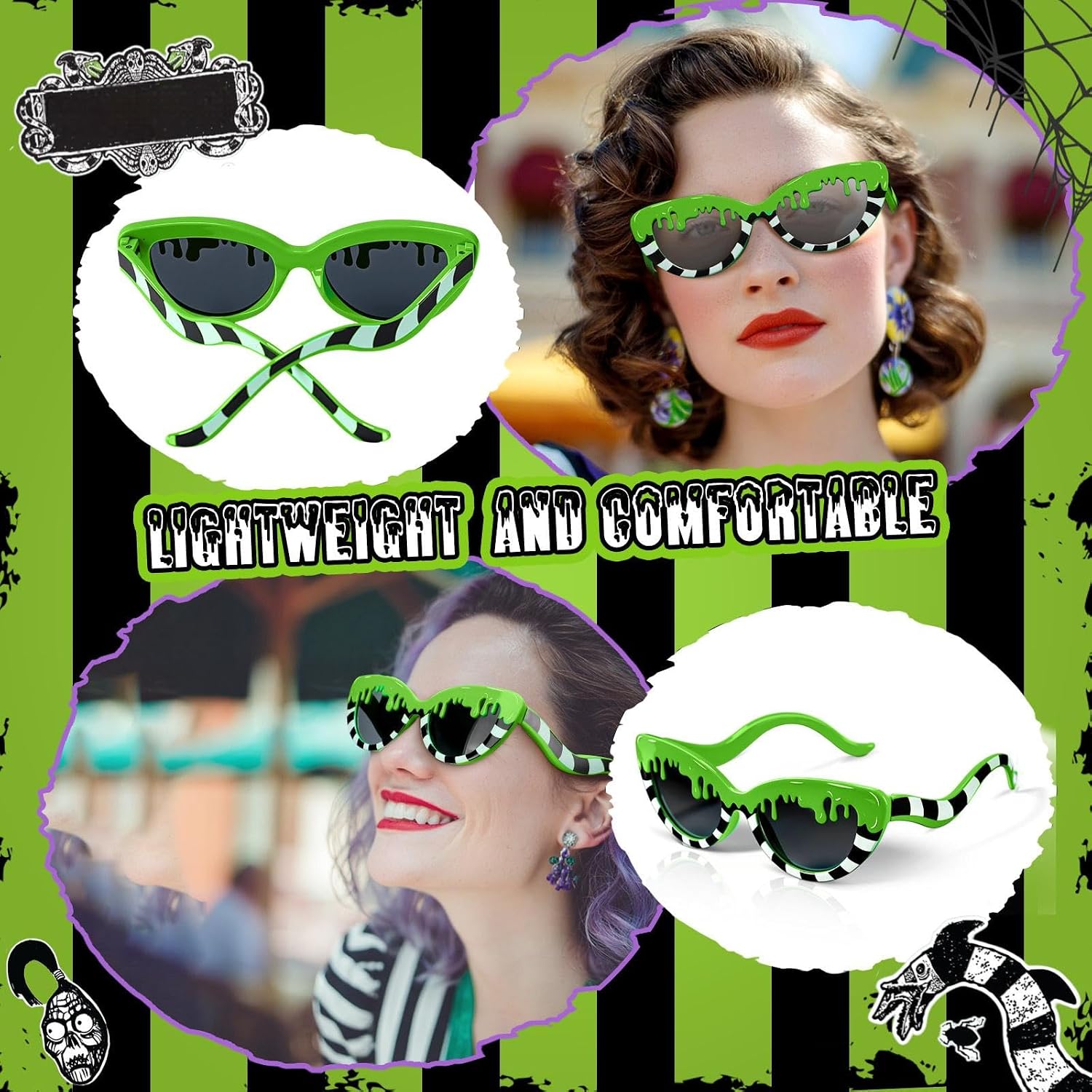 Geiserailie Halloween Sunglasses Costume for Adult Black White Striped Glasses Accessory Horror Movie Cosplay Costume for Halloween Christmas Gift Party Supplies