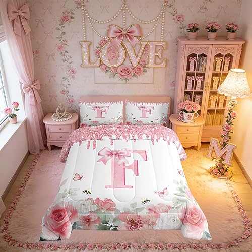 Erosebridal Initial Letter F King Bedding Sets for Girls Teens Women Dreamy Pink