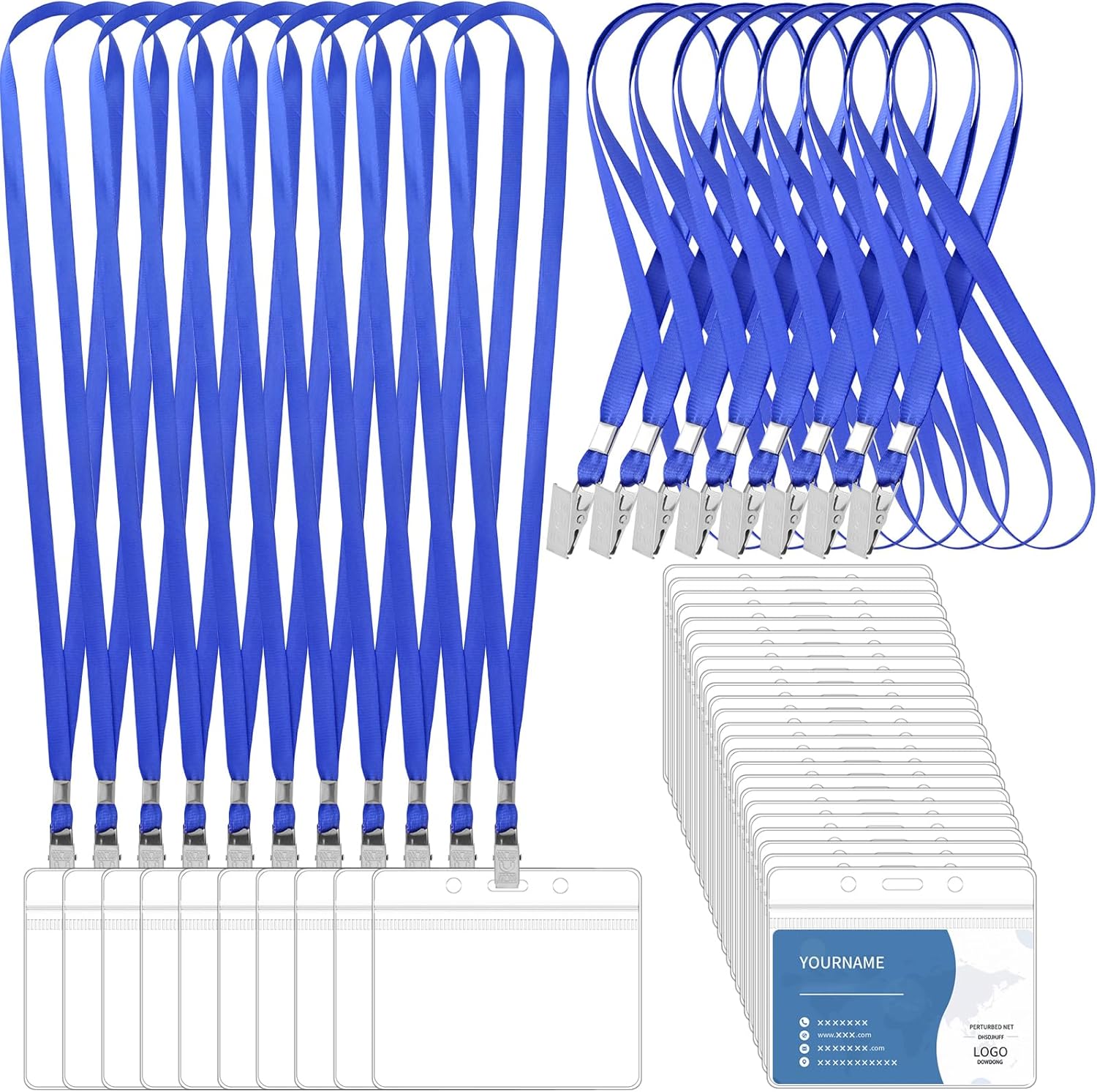 100 Pcs Lanyards for ID Badges and 100 Pcs Clear Name Tag Holders Reusable Lanyard with Clip Plastic ID Card Badge Holder Name Badges for Adults Kids Business School Office Supplies (Blue)