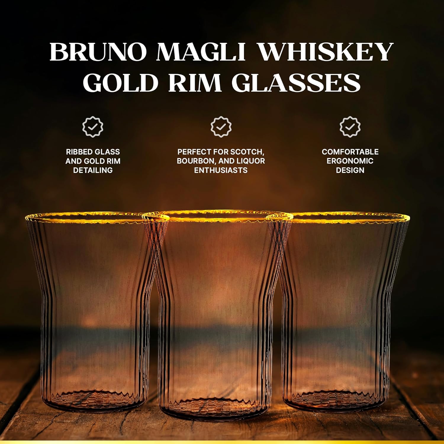Bruno Magli 10 oz Ribbed Whiskey Glasses with Gold Rim, Set of 4 – Old Fashioned Crystal Glasses for Scotch, Bourbon & Liquor, Elegant Barware Tumblers for Home Bar & Entertaining (Clear)
