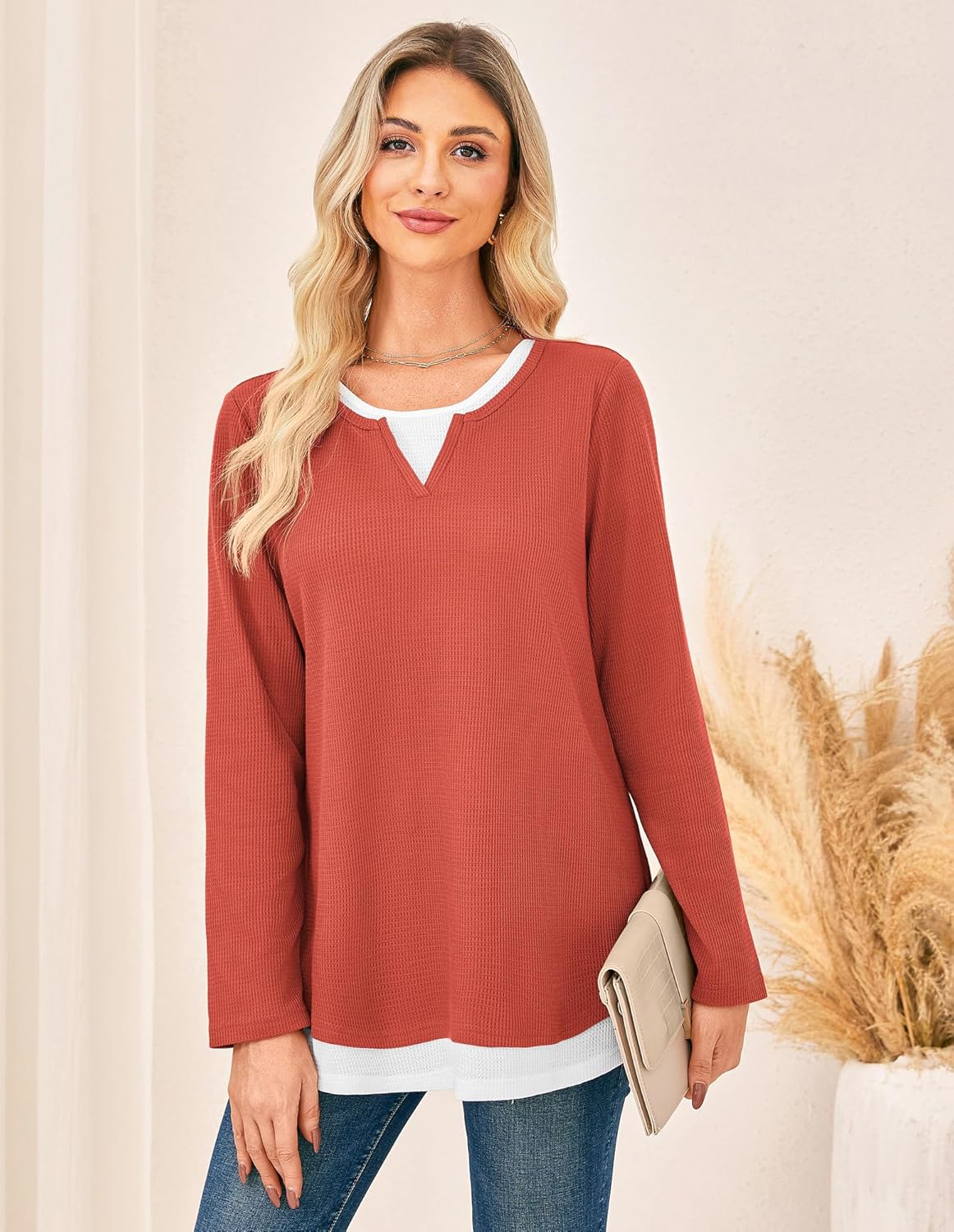 GRACE KARIN Women 2025 Fall Long Sleeve Shirts,Casual Crew Neck Colorblock Tunics,Waffle Knit Fashion Basic Tops - Image 7