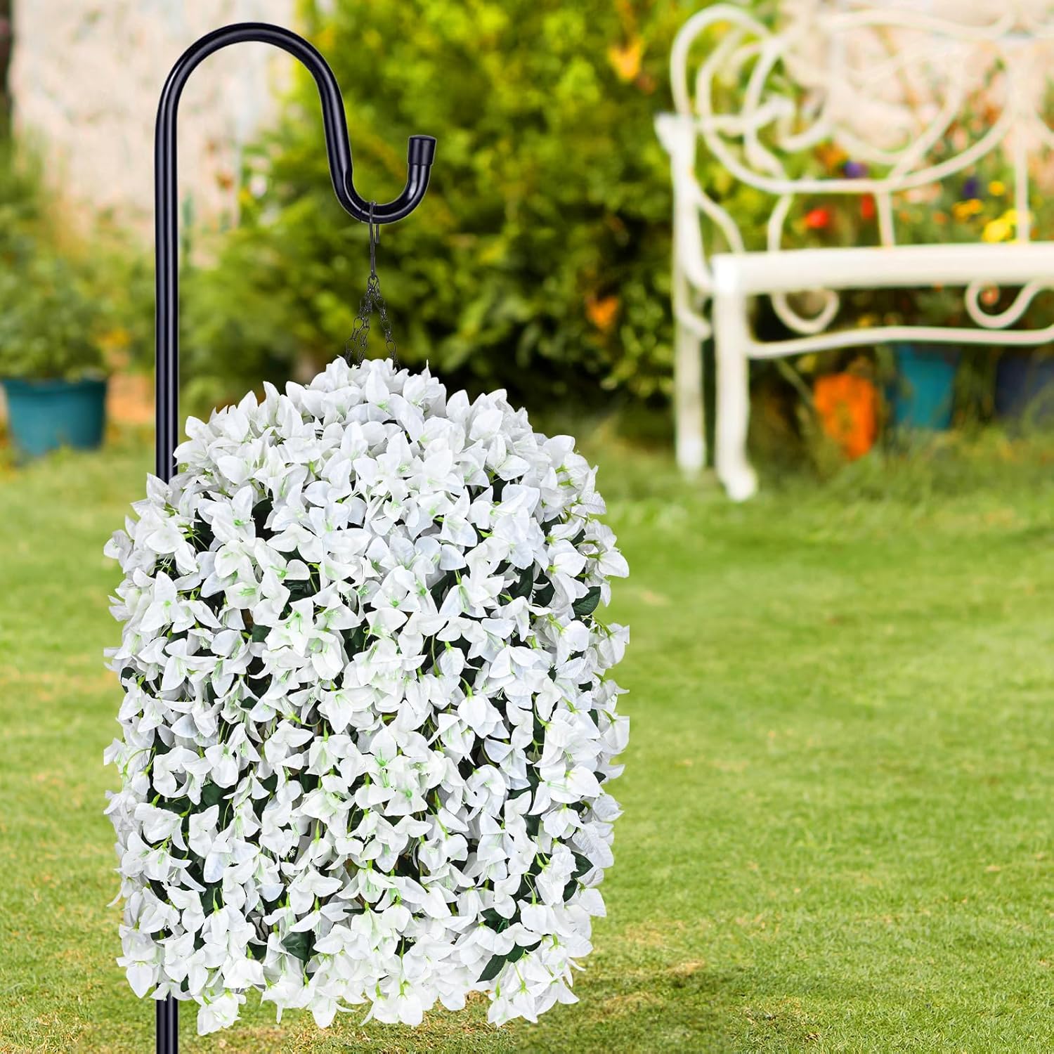 2 Pcs UV Resistant Artificial Flowers for Outdoors, Realistic Faux Silk Bougainvillea Flowers, Fake Hanging Plants for Porch Patio Balcony Decoration (White) - Image 8