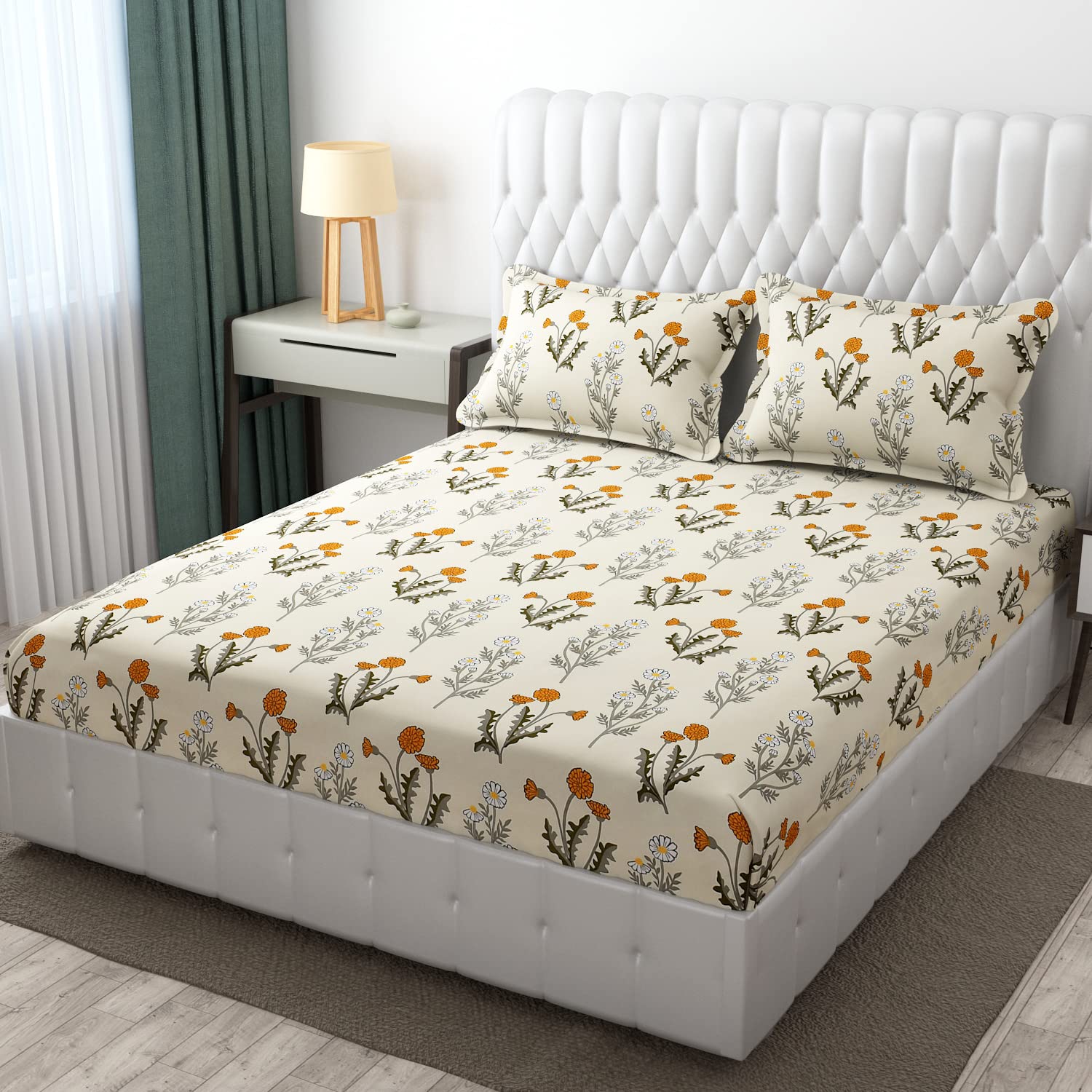Castiqa Elastic Fitted Supersoft Premium Brushed Cotton 200TC Double Bedsheets King Size 78x72 Inch with 2 Pillow Covers (Fits Upto Mattress of 8 Inches) (Ivory Floral) (B0BKTJV37D) Amazon Price History, Amazon Price Tracker