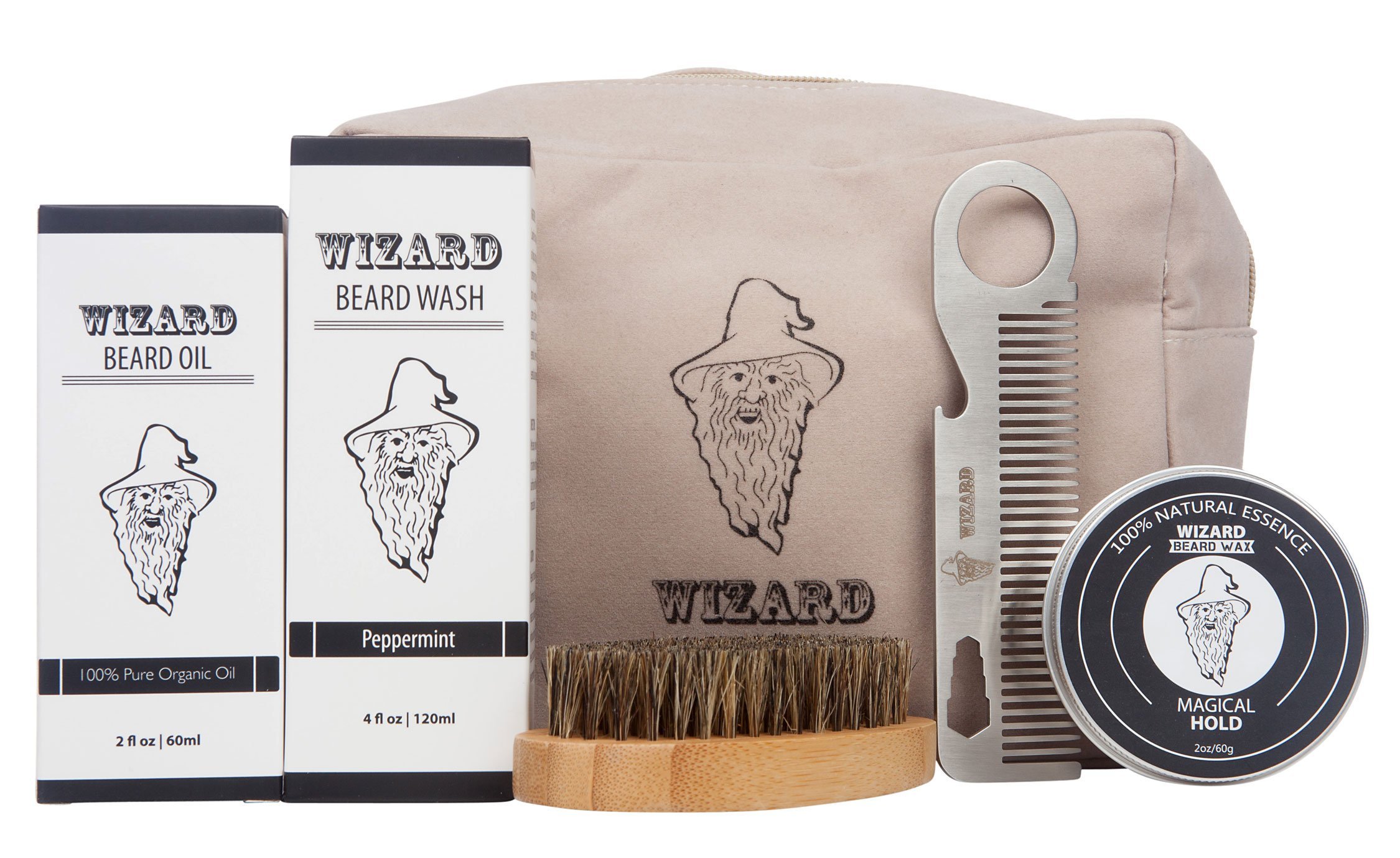 Wizard Beard Grooming Care Travel Kit - Natural Beard Wax, Natural Beard Oil, Boar Bristle Beard Brush, Static Free Beard Comb/w Bottle Opener and Beard Shampoo- Bundled Beard Management Set