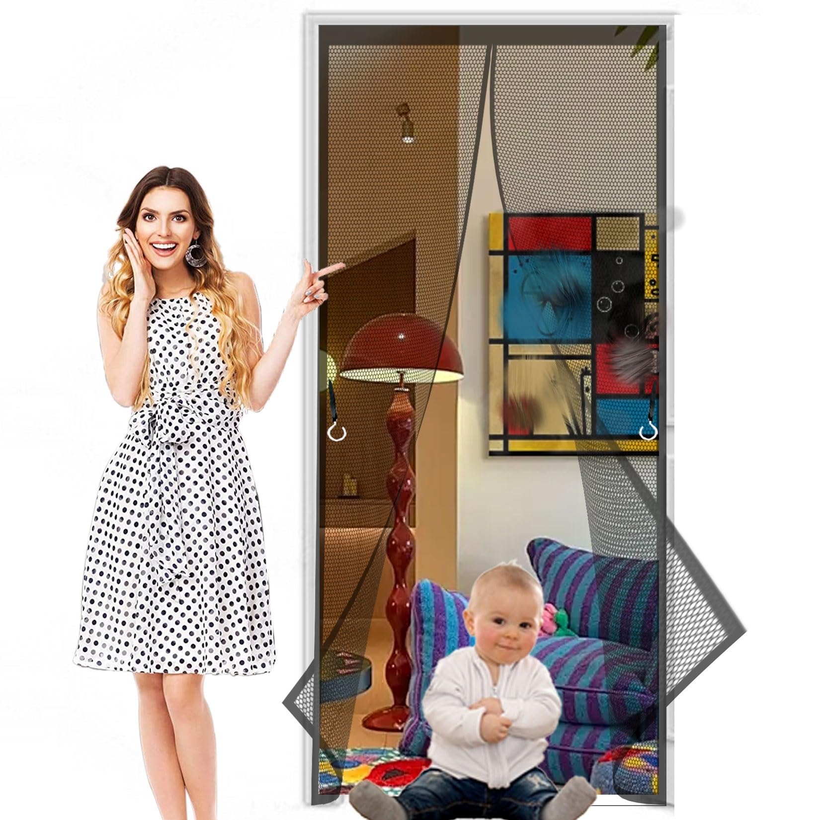 Magnetic Fly Insect Screen Door 169 x 178 cm Frame Hook & Loop, Powerful Magnets Screen Mesh Curtain Heavy Duty, Lets Fresh Air for Keeping Out Flies, Black