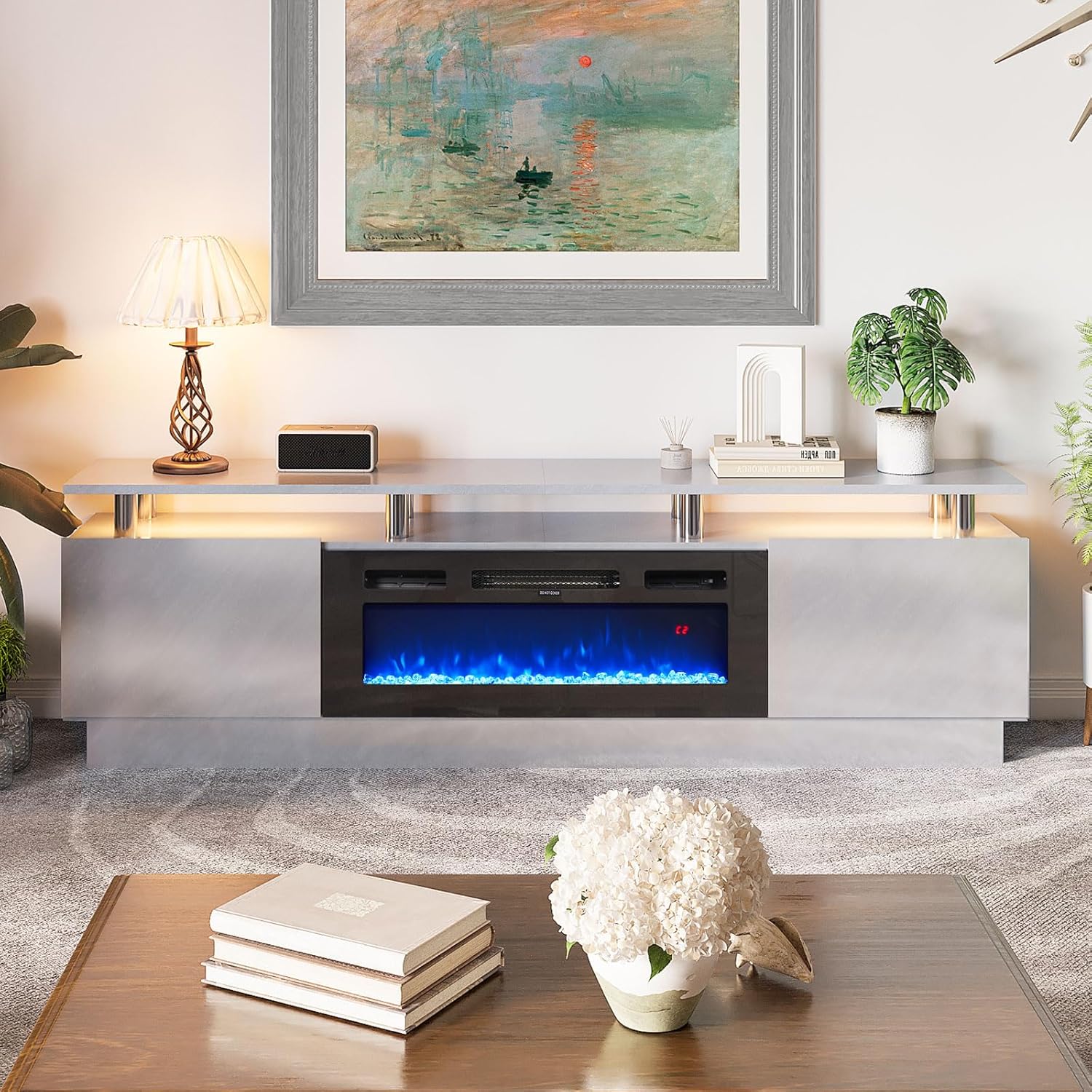 80" TV Stand & Entertainment Center, Media Console with Storage Cabinet, Fits TVs up to 90", Modern Living Room Furniture, 36" Electric Fireplace (Grey+Black)