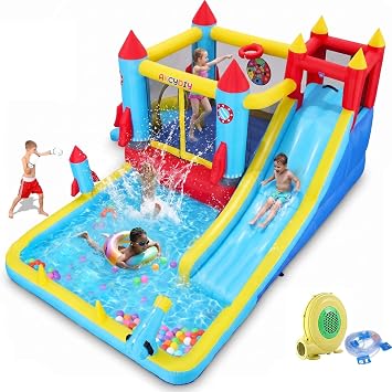 AKEYDIY Bounce House,Inflatable Water Slide Bounce Castle with Blower for Kids 3-10,Outdoor/Indoor Bouncy House Water Park for Backyard with 2 Splash Slides,Climbing Wall,Ball Pit,Jumping Area