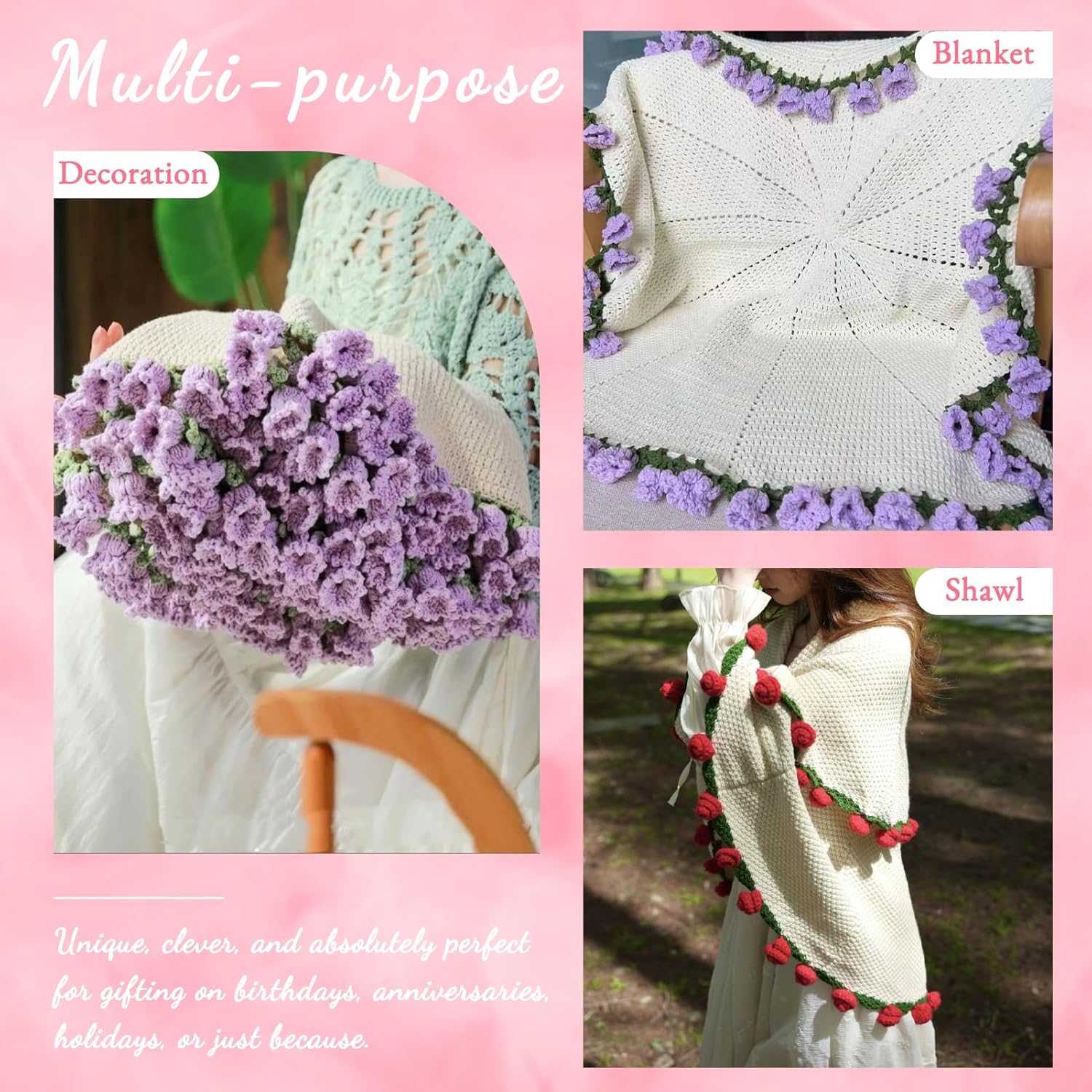 Finished Rose Bouquet Blanket, 43.3 in Handmade Crochet Flower Bouquet Blanket, Knitted Throw Blankets for Birthday Wedding Valentine's Day Home Decor(Roses,1.1M)