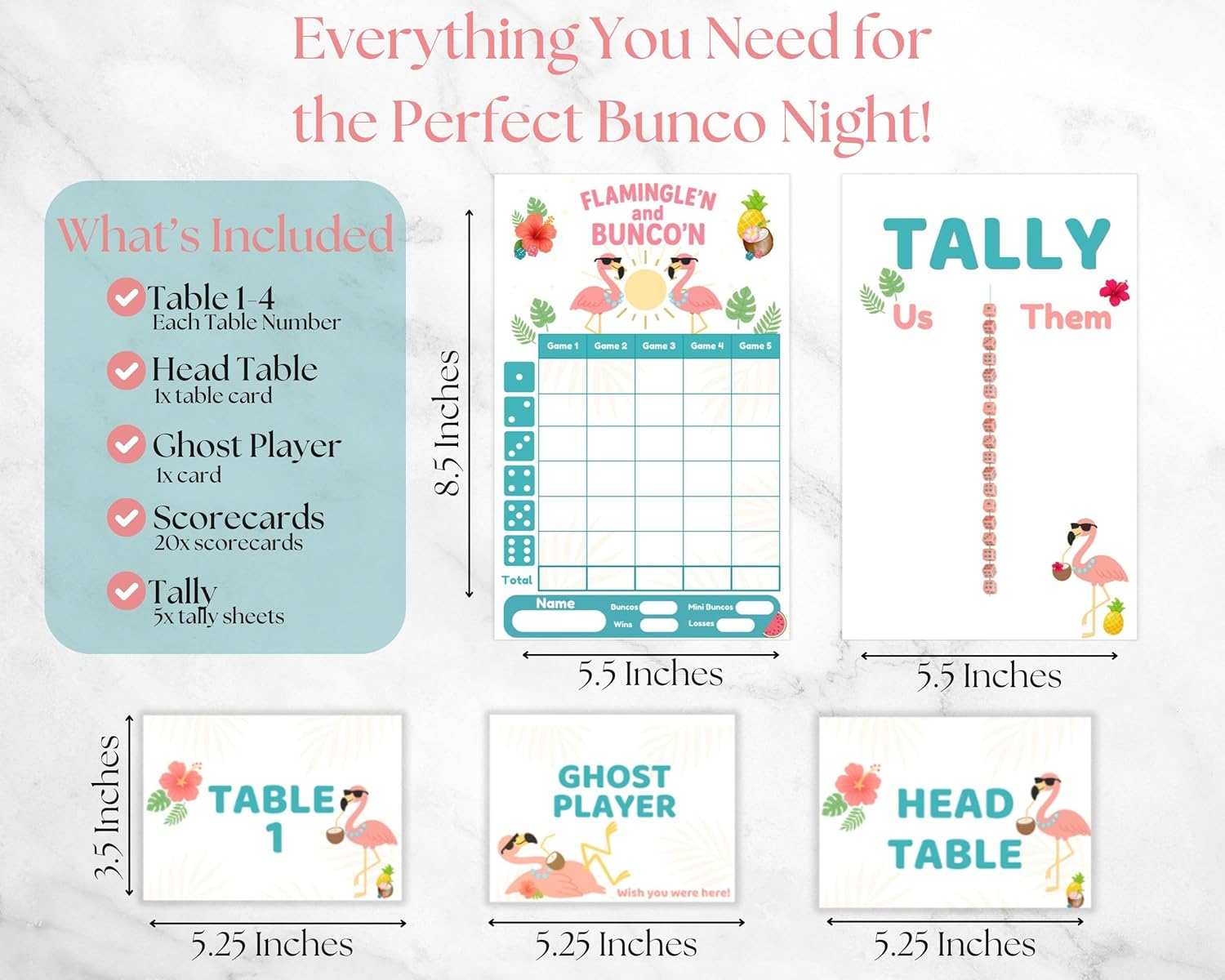 Summer Bunco Game Set – Tropical Flamingo Theme with Scorecards, Tally Sheets, Table Cards & Ghost Player – Fun Dice Game Kit for Adults, Pool Parties & Girls Night