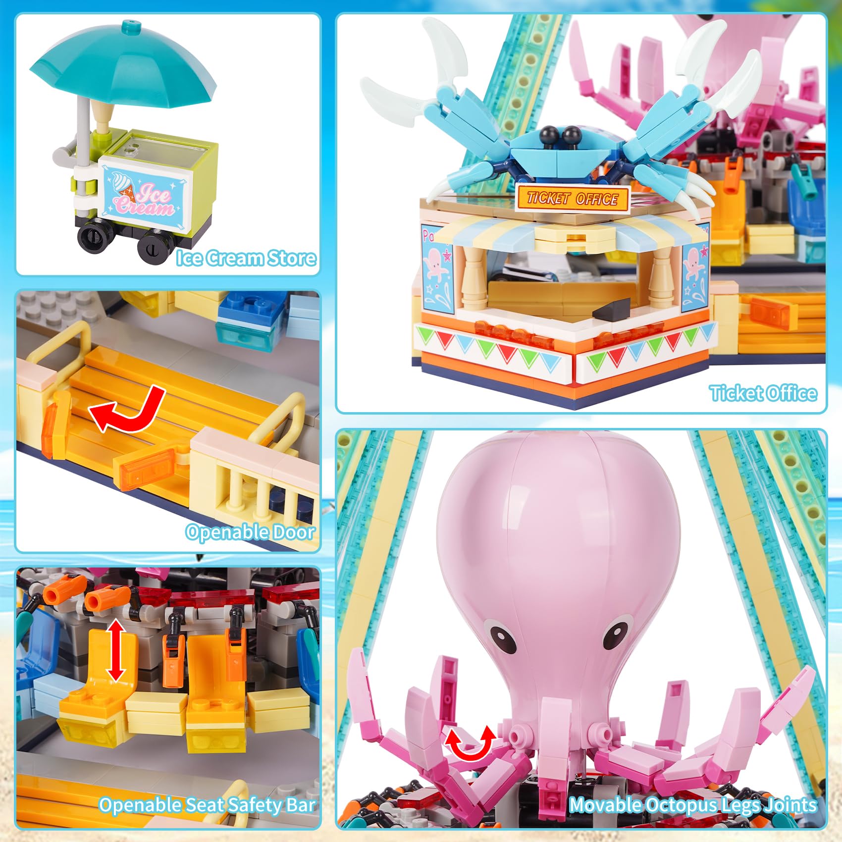 Vinbosion Building Blocks Set,Octopus Swing Amusement Park Building Blocks Toy,Bricks Toy Model Gift for Kids and Adults(1189PCS)