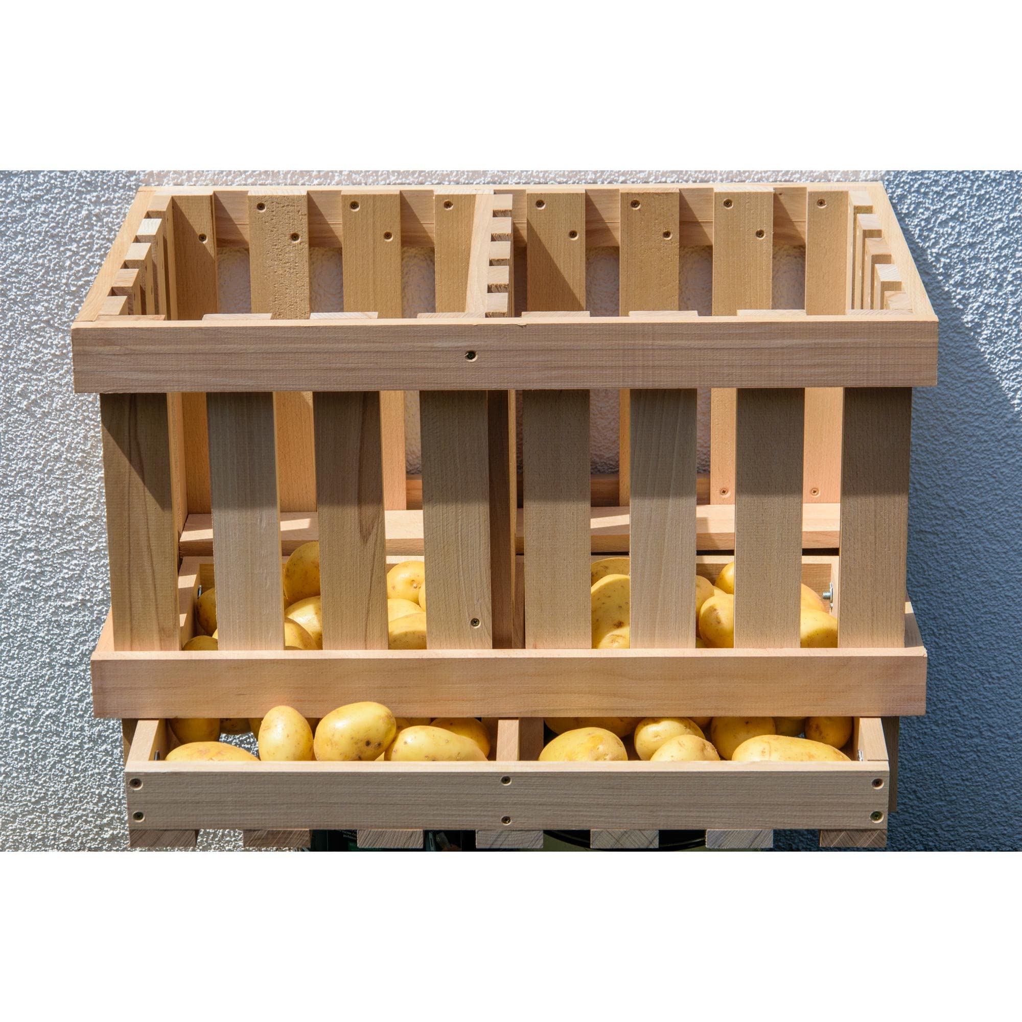 dobar® green label 29023FSCe Premium Kartoffelkiste | Kartoffelhorde mit 2 Abteilen| Obstkiste aus Massivholz | Vorratskiste für Obst/Gemüse | mit Kippfach | Buchenholz | 60 x 40 x 40 cm | Natur