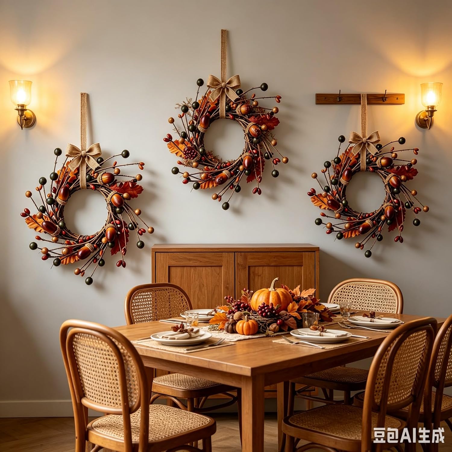 4 Pcs Mini Fall Hanging Wreaths for Cabinets Small Candle Rings Wreath Pillar Holder Wreath with Acorn Berry Autumn Leaves Harvest Wreaths for Farmhouse Porch Front Door