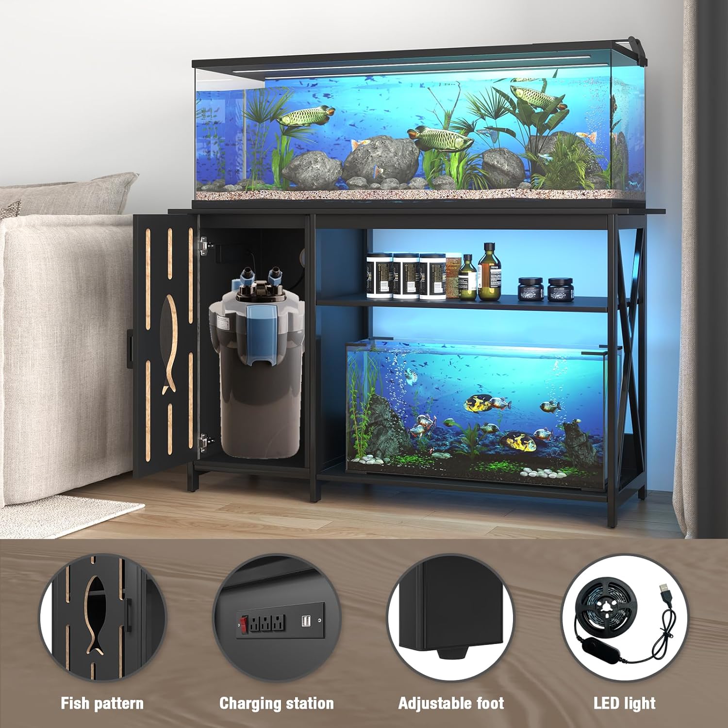 Internal view of the fish tank stand cabinet showing storage and a filter