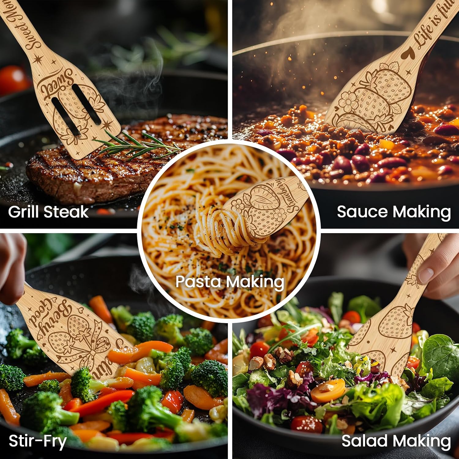 CUTHOLLOW 6PCS Strawberries and Flowers Wooden Kitchen Cooking Utensil Set