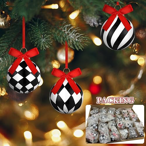 Miniatura 4 de 24 bolas de cristal decoradas a cuadros de Navidad con lazo rojo, bolas colgantes para árbol de Navidad con cuerda para decoración de fiesta de