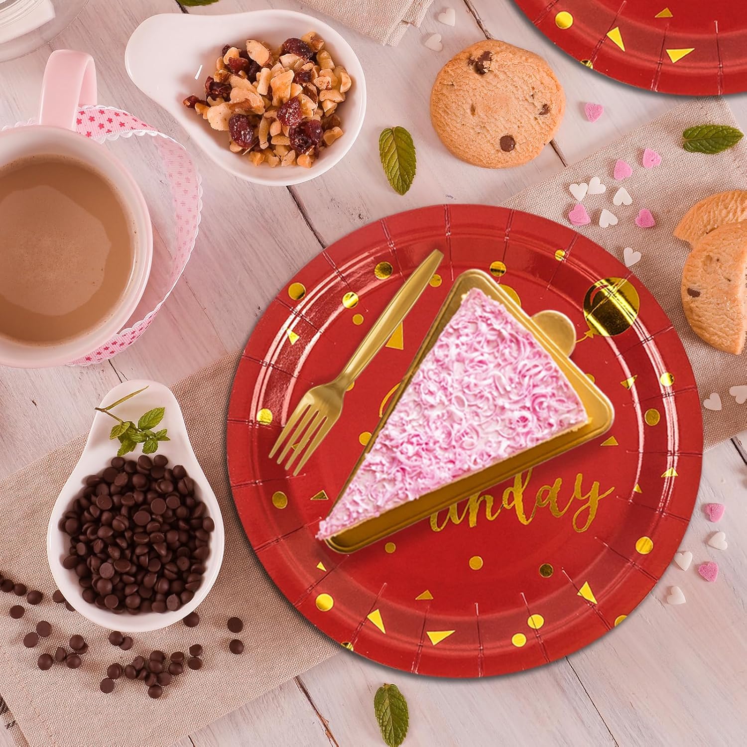 50PCS Happy Birthday Red and Gold Paper Plates, 9 inch Metallic Foil Polka Dots Disposable Dessert Party Plates Party Supplies for Graduation Birthday Cocktail Weddings Holiday - Image 5