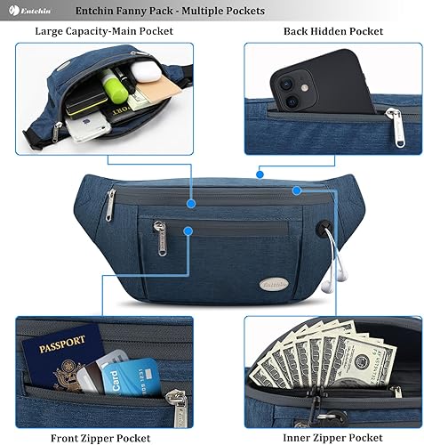 Miniatura 48 de Entchin Riñonera para mujeres y hombres, bolsa cruzada con 4 bolsillos con cremallera, bolsa de cintura ajustable, uno de los regalos esenciales
