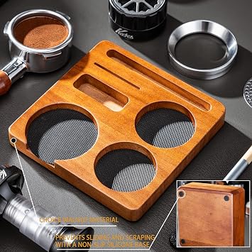 ISHEWEDU Espresso Tamping Station, 6 in 1 Coffee Tamping Station & Tamper Station for 51/53/58mm Portafilter, with Knock Box, Distributor, Portafilter Holder & Espresso Accessories (Walnut Wood, Brown