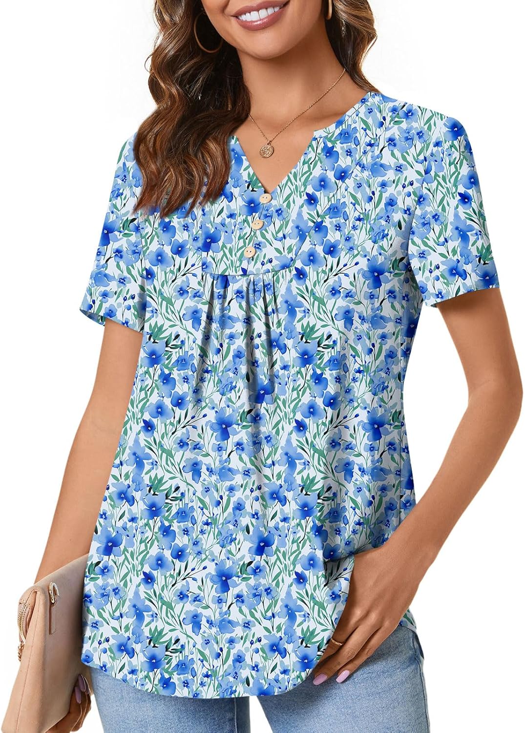 Anydeer Womens Short Sleeve Summer Tunic Tops Dressy Chiffon Blouse Henley Shirts 2025 Casual Pullover