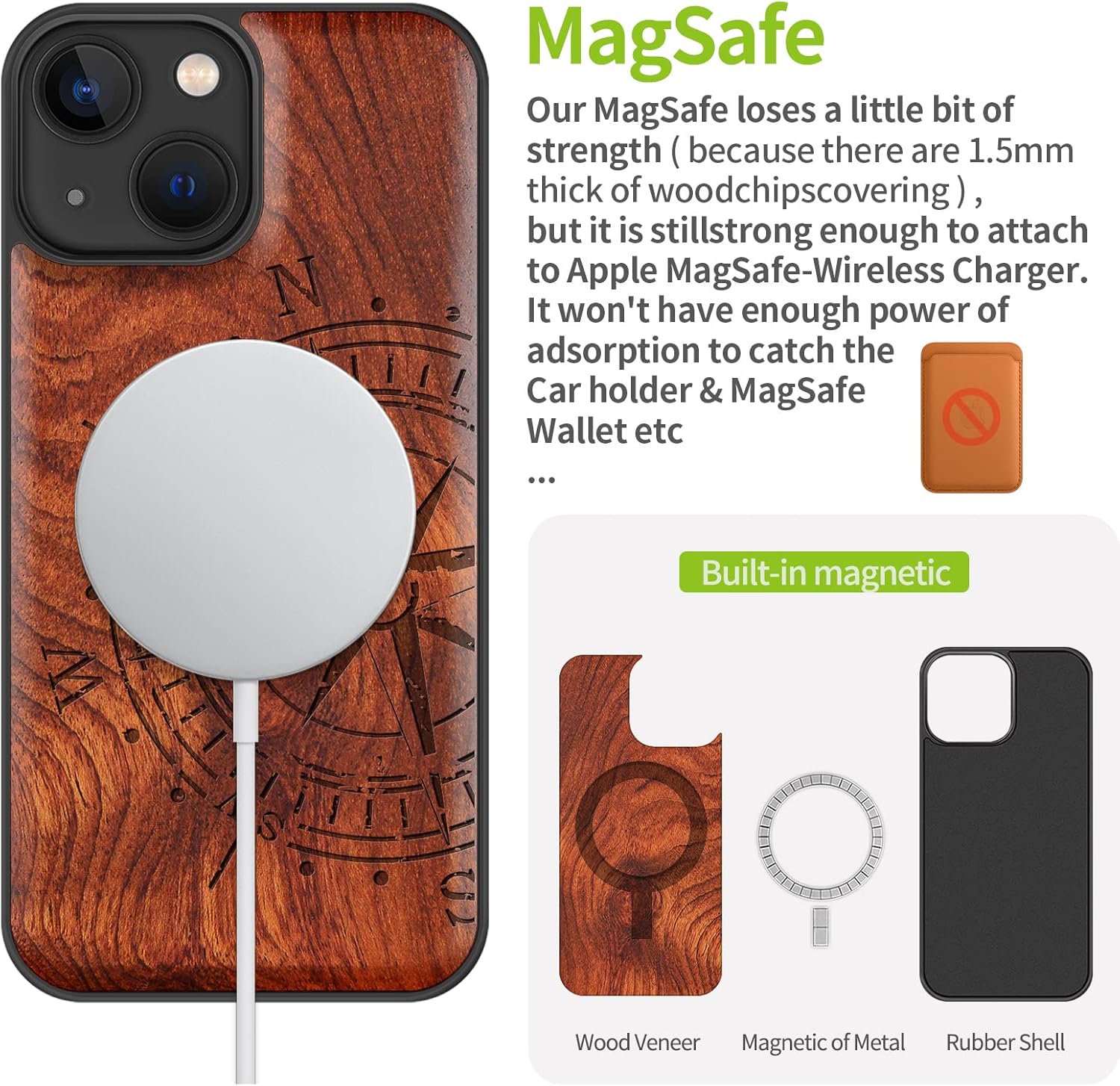 Carveit Magnetic Wood Case for iPhone 13 Mini Case [Hard Real Wood & Soft TPU] Unique & Classy Wooden Shockproof Hybrid Protective Cover Compatible with MagSafe (Vintage Compass-Rosy)