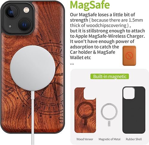Miniatura 4 de Carveit Funda magnética de madera para iPhone 13 Mini madera real dura y TPU suave a prueba de golpes, funda protectora híbrida única y elegante de