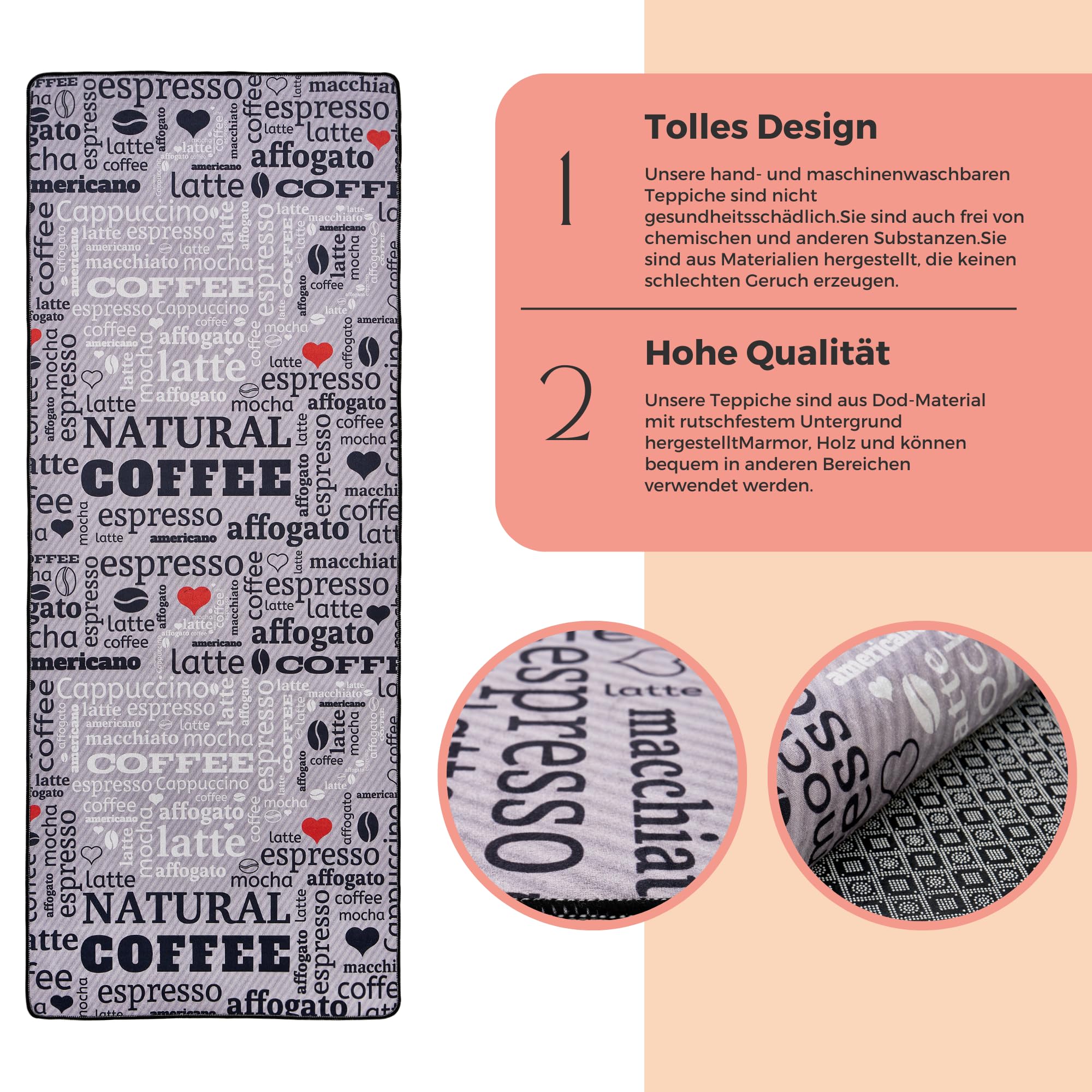 Tapis de Cuisine Moderne en Gel, Gris, Blanc, Noir, avec Motif de Sol antidérapant et Inscription café Macchiato (Gris, 60 x 200 cm)