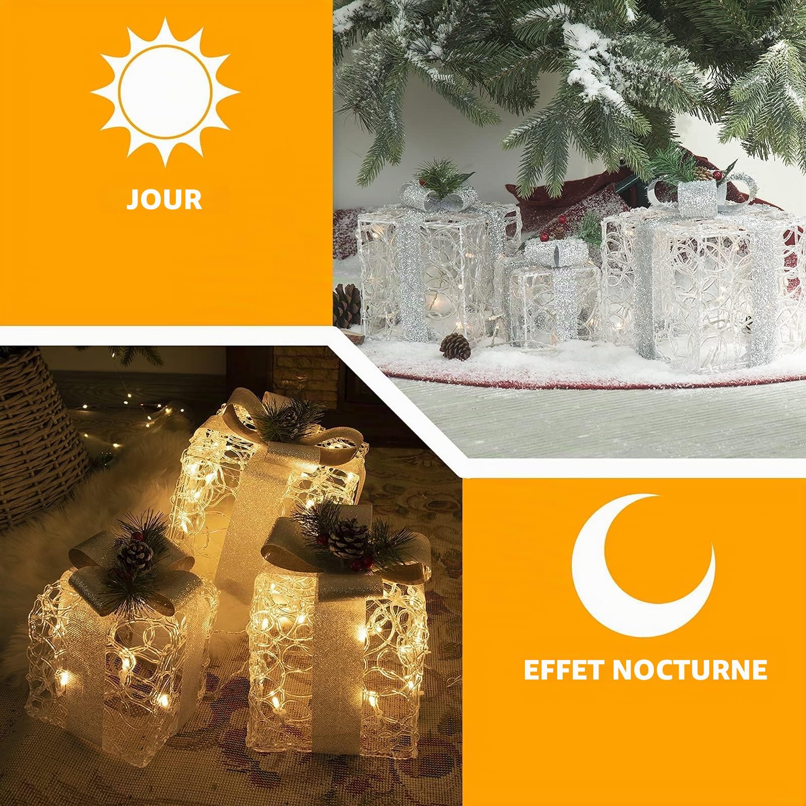 Lot de 3 boîtes de décoration de Noël LED blanches en acrylique pour l'intérieur et l'extérieur au sapin de Noël
