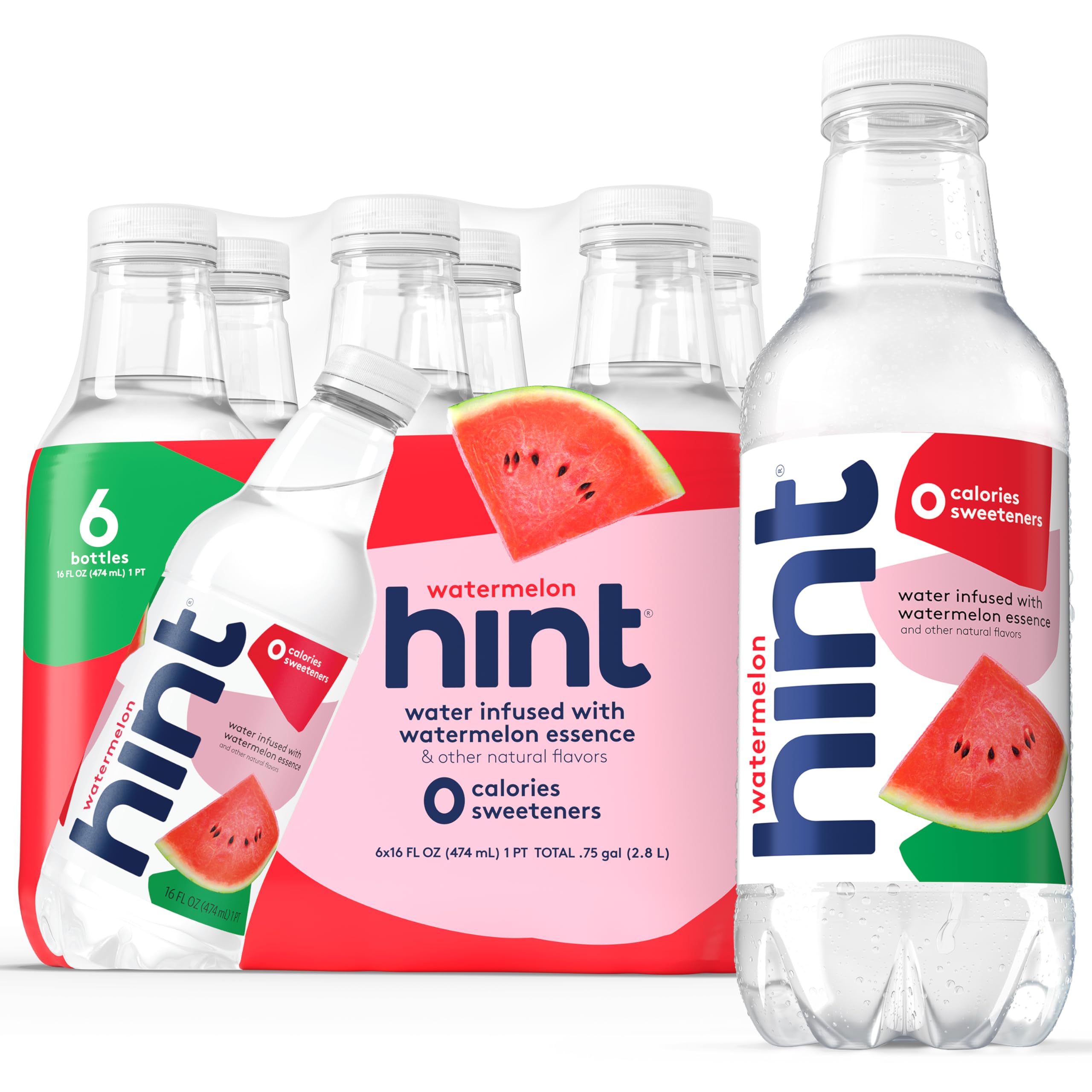 Hint Bottled Water, Watermelon - Purified Flavored Water with Zero Calories, Sugar Free, Natural Flavors - 16 Fl Oz (Pack of 6)