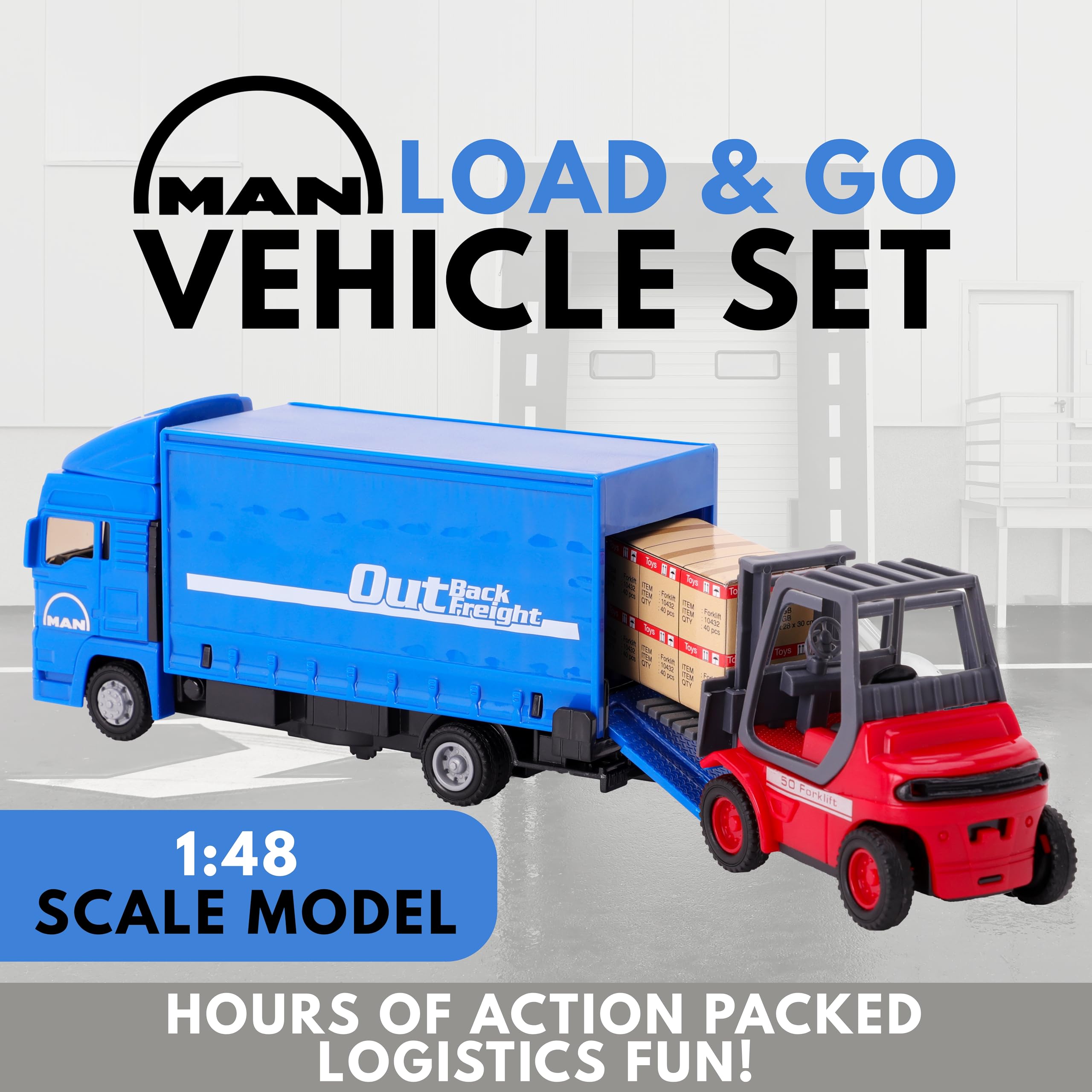Toyland® 15cm (6") Set di veicoli Load & Go - Camion merci MAN con carrello elevatore e pallet - Giocattolo camion da trasporto - Scala 1:48 con costruzione in metallo e plastica - Età 3+ (Blu)