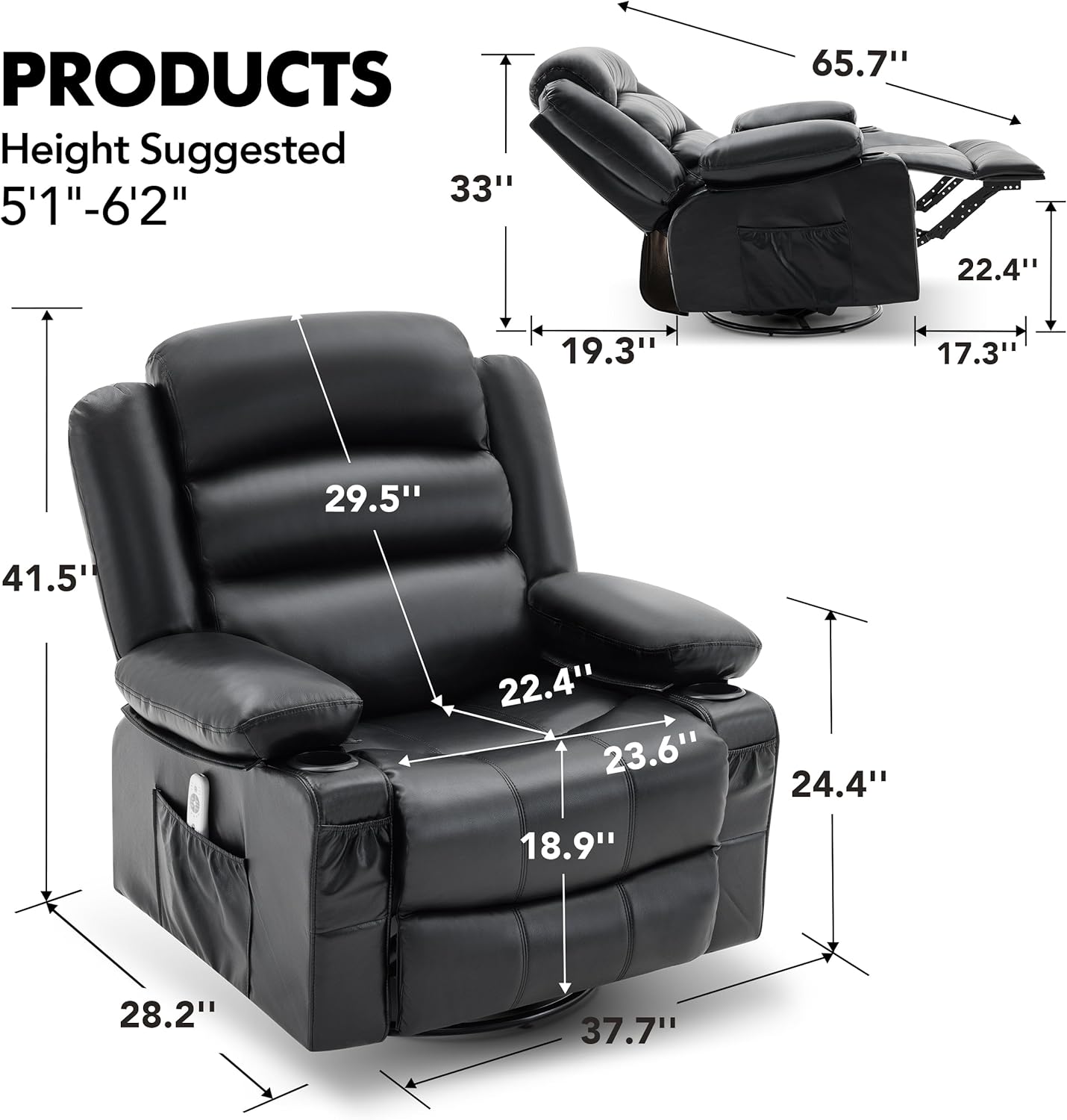 Detailed diagram of the recliner with all dimensions labeled