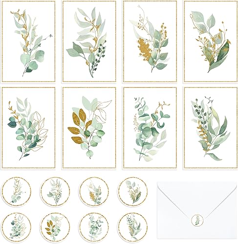 BeYumi 85 tarjetas de felicitación doradas con sobres, calcomanías de acuarela, tarjetas de notas botánicas de acuarela con plantas verdes, tarjeta